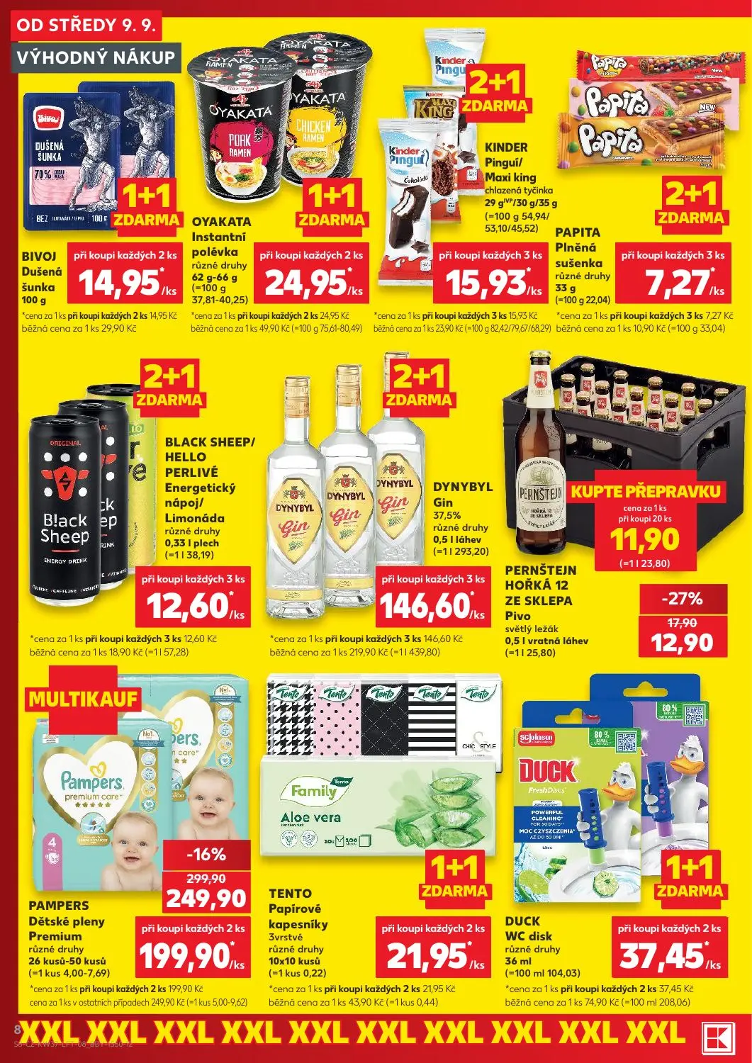 Kaufland leták, strana 8 z 52 — PAMPERS Dětské pleny Premium různé druhy, BIVOJ Dušená šunka, BLACK SHEEP/HELLO PERLIVÉ Ener…