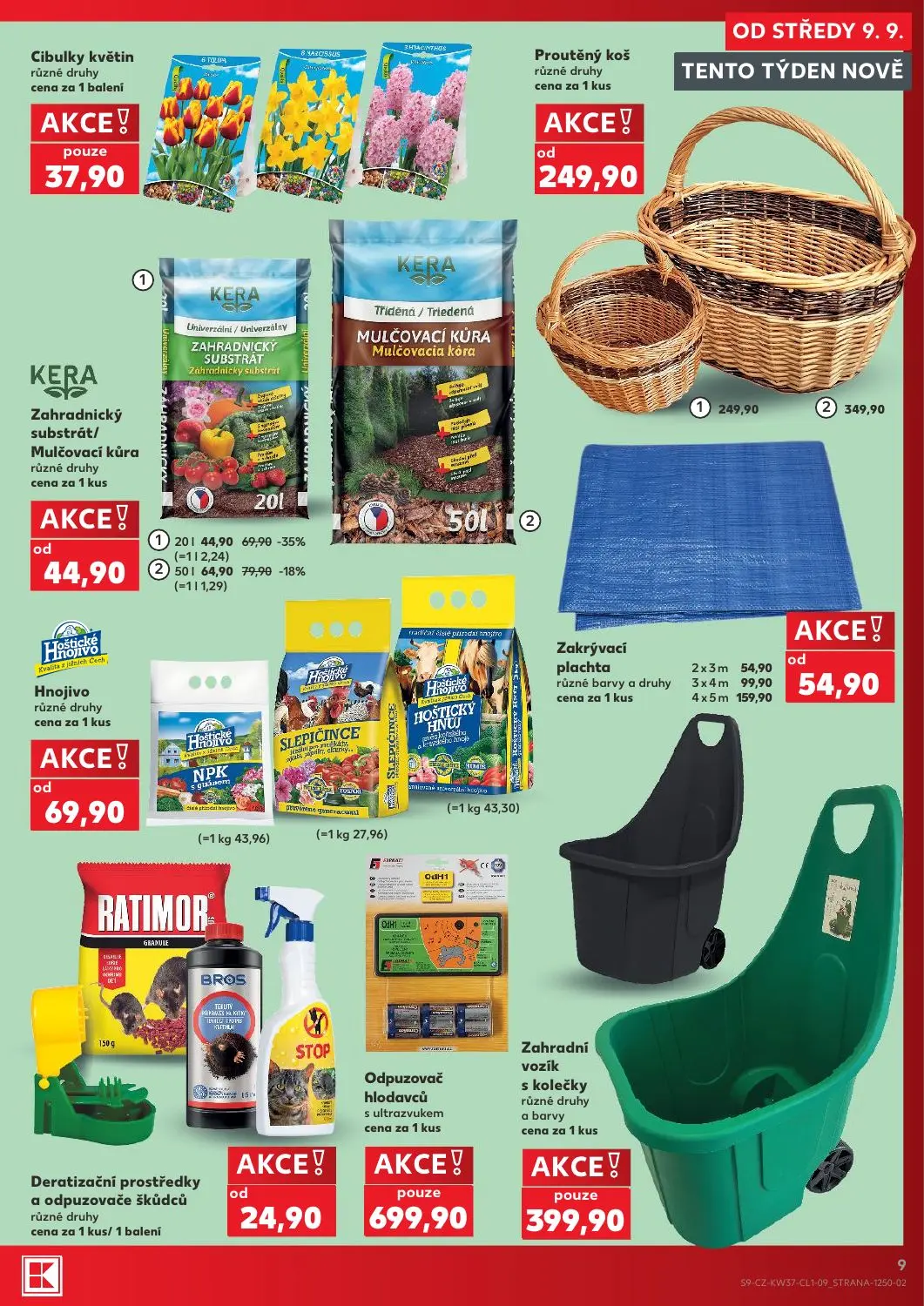 Kaufland leták, strana 9 z 18 — Zakrývací plachta, Proutěný koš, KERA Zahradnický substrát