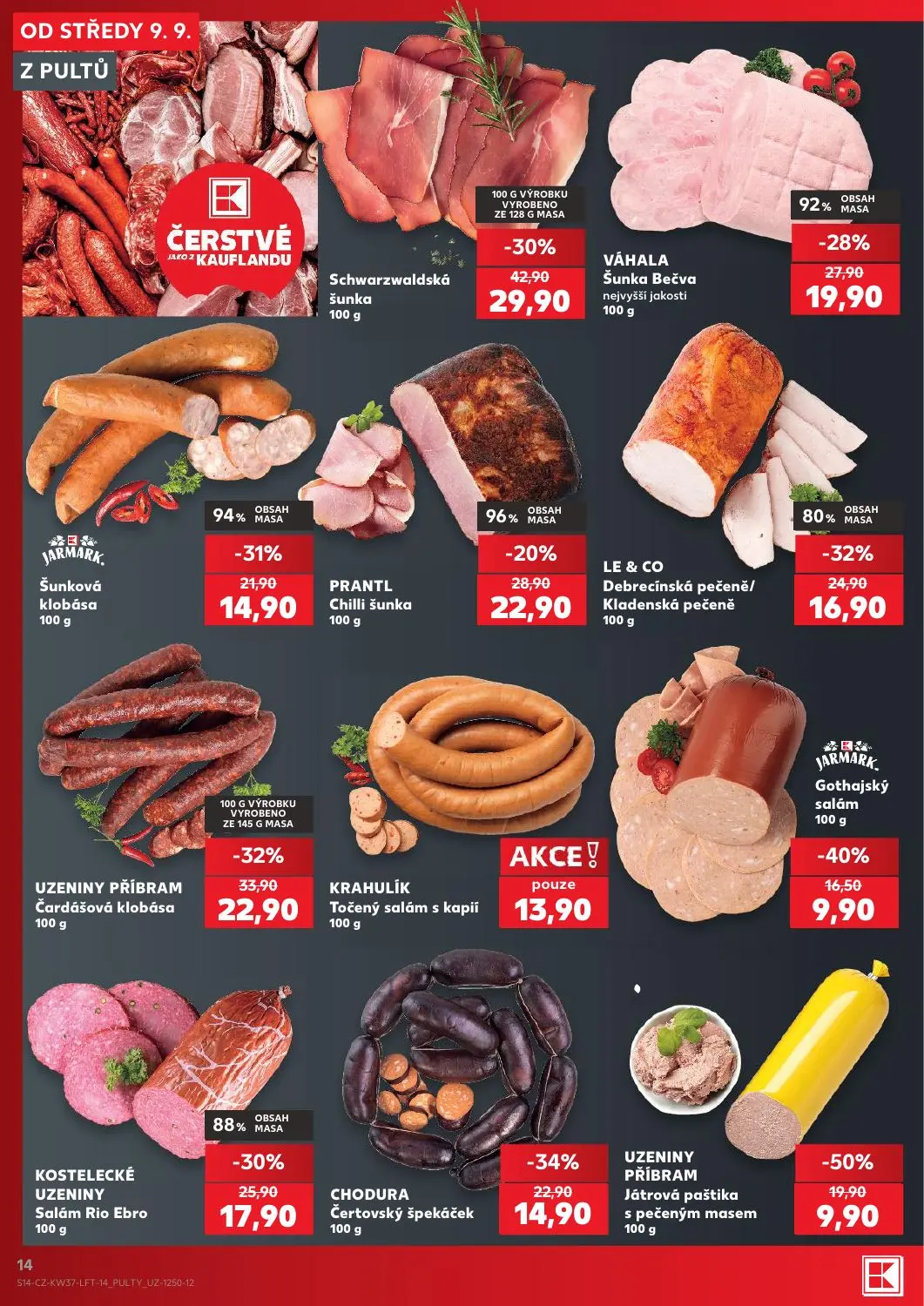 Kaufland leták, strana 14 z 52 — Schwarzwaldská šunka, UZENINY PŘÍBRAM Čardášová klobása, UZENINY PŘÍBRAM Játrová paštika s …