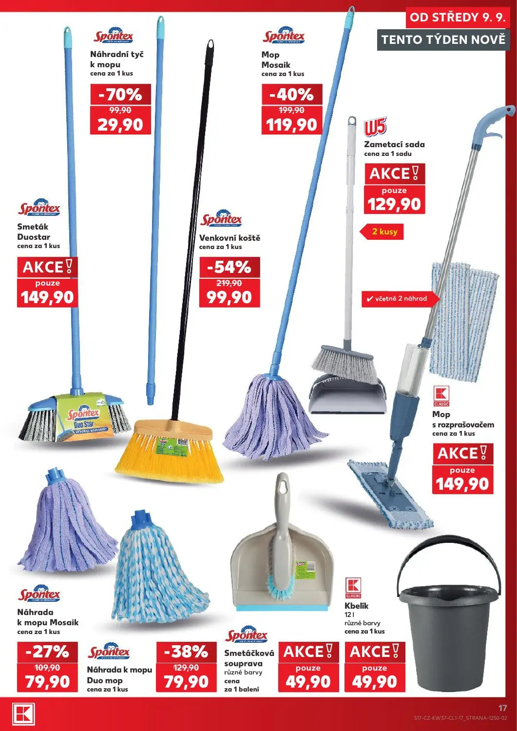 Kaufland leták, strana 17 z 18 — Venkovní koště, Mop Mosaik, Náhradní tyč k mopu