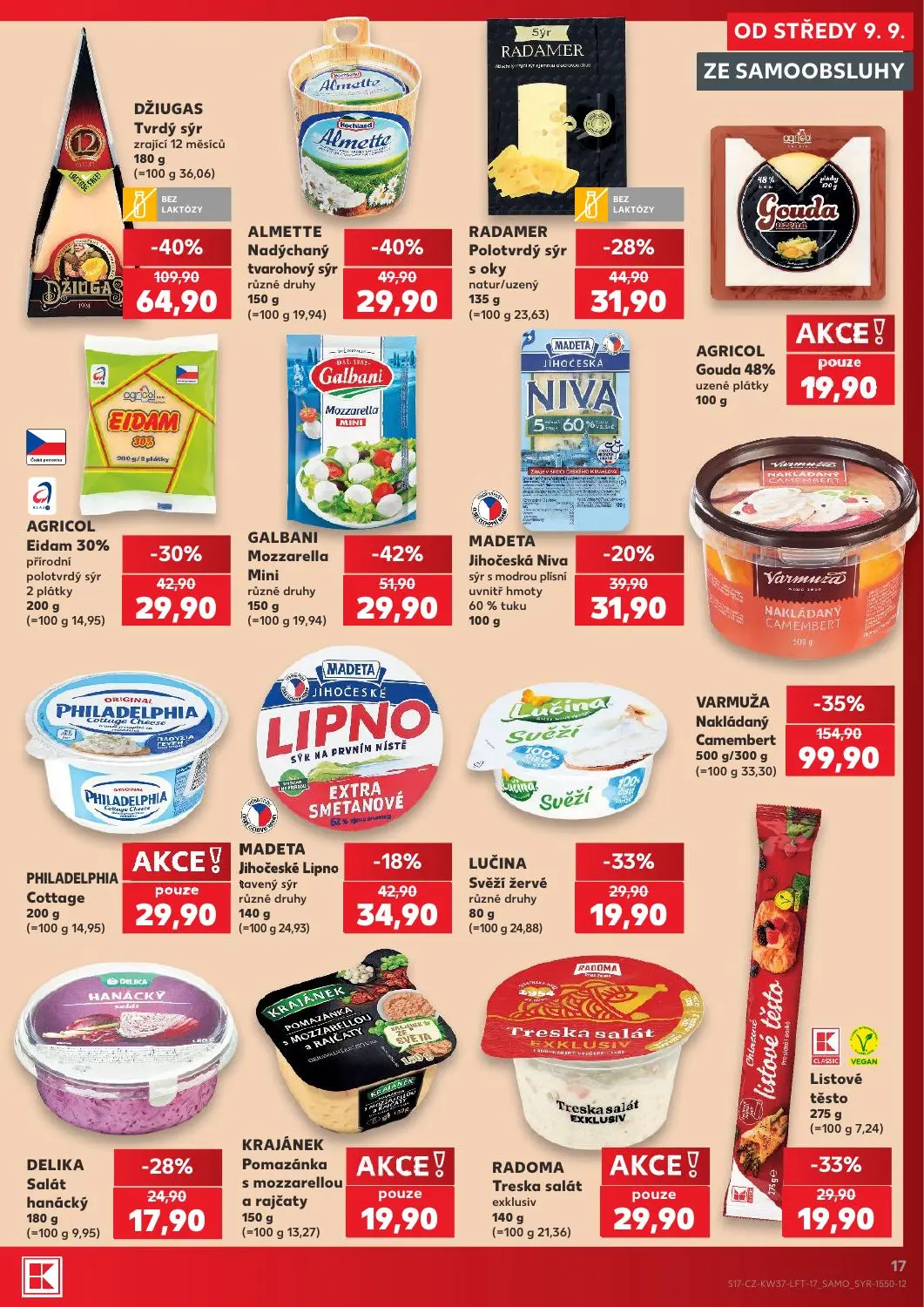 Kaufland leták, strana 17 z 52 — VARMUŽA Nakládaný Camembert, DŽIUGAS Tvrdý sýr zrající 12 měsíců, GALBANI Mozzarella Mini