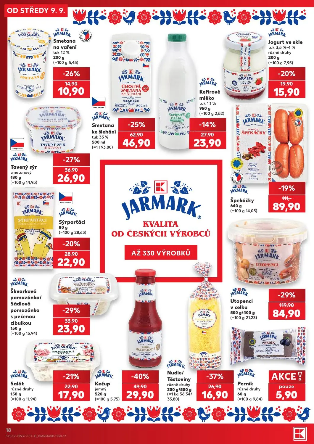 Kaufland leták, strana 18 z 52 — Špekáčky, Smetana ke šlehání tuk 33%, Tavený sýr smetanový