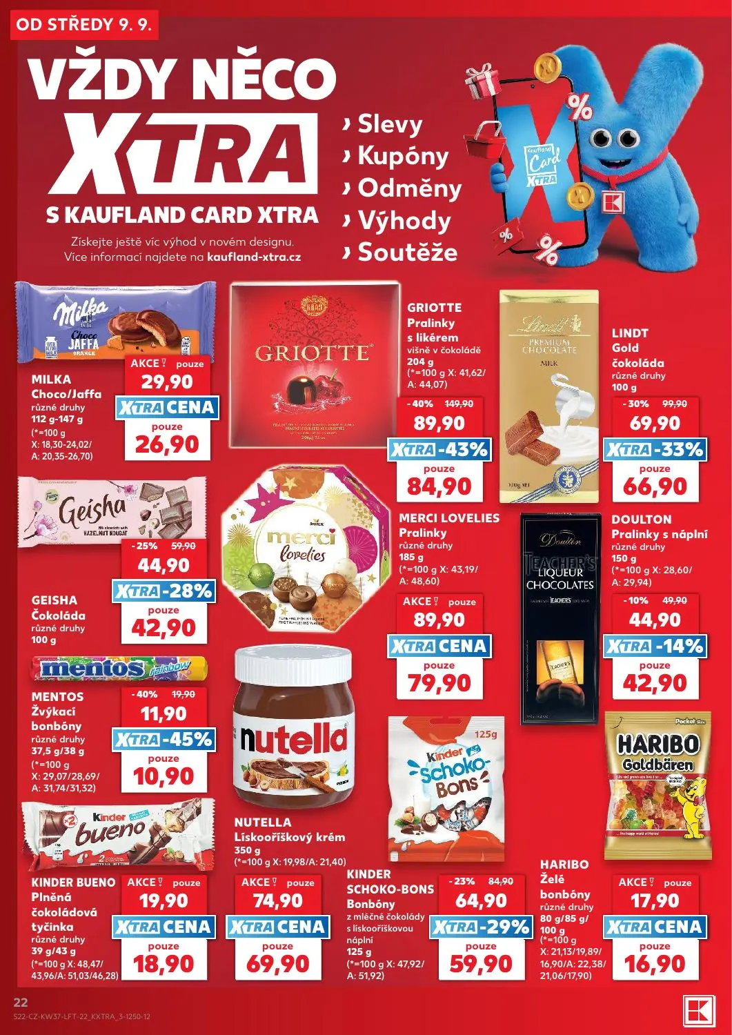 Kaufland leták, strana 22 z 52 — GRIOTTE Pralinky s likérem višně v čokoládě, LINDT Gold čokoláda, KINDER SCHOKO-BONS Bonbón…
