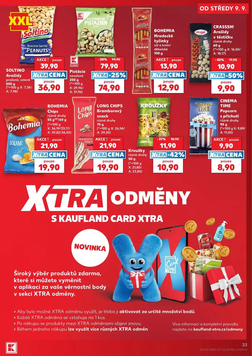 Kaufland leták, strana 23 z 52 — Pistácie nesolené, CRASSSH! Arašídy v těstíčku různé druhy, Kroužky různé druhy