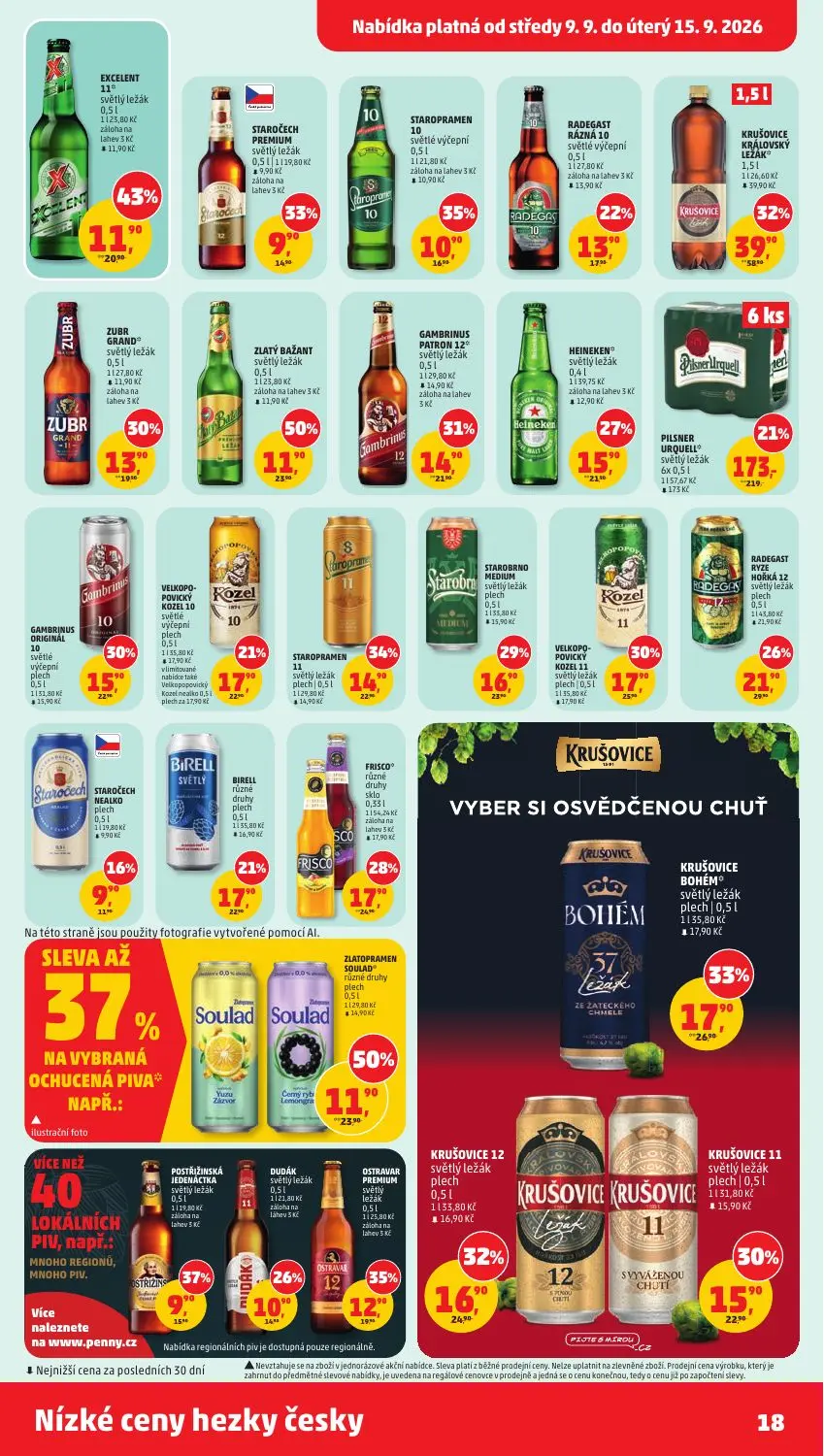 PENNY leták, strana 18 z 35 — EXCELENT 11 světlý ležák, GAMBRINUS ORIGINÁL 10 světlé výčepní plech, STAROPRAMEN 10 světlé vý…