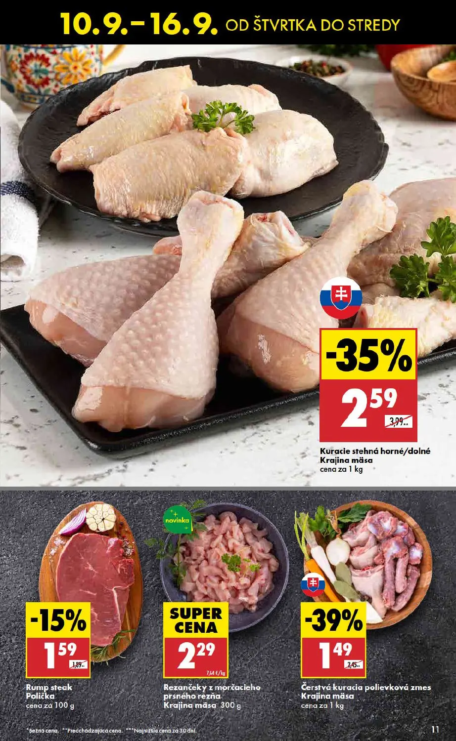 Biedronka leták, strana 11 z 48 — Kuracie stehná horné/dolné, Rump steak Polička, Rezančeky z morčacieho prsného rezňa