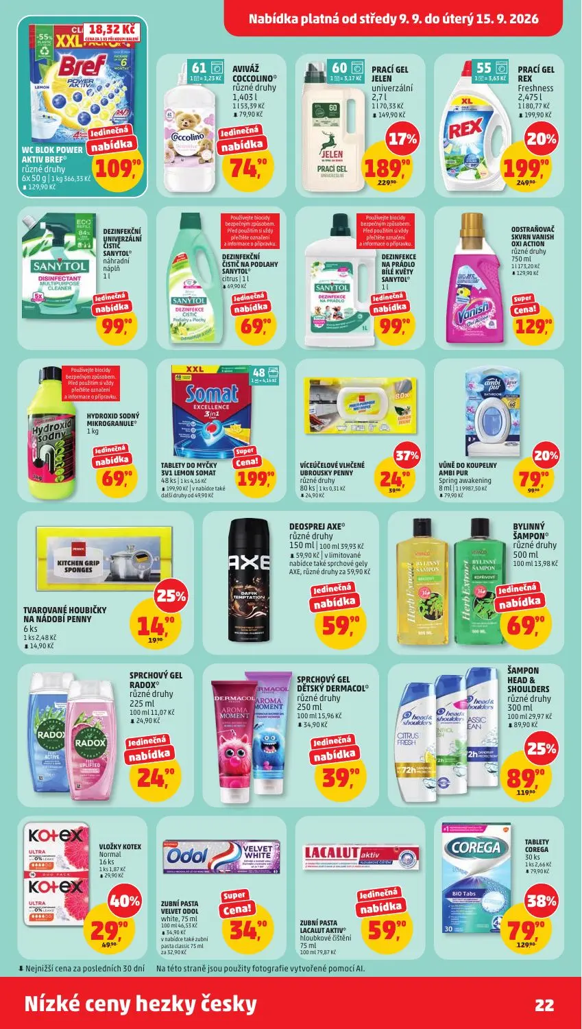PENNY leták, strana 22 z 35 — WC BLOK POWER AKTIV BREF®, AVIVÁŽ COCCOLINO® různé druhy, DEZINFEKČNÍ UNIVERZÁLNÍ ČISTIČ SANYT…