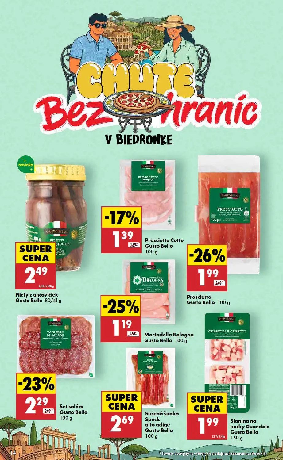 Biedronka leták, strana 14 z 48 — Prosciutto Gusto Bello, Set salám Gusto Bello, Mortadella Bologna Gusto Bello