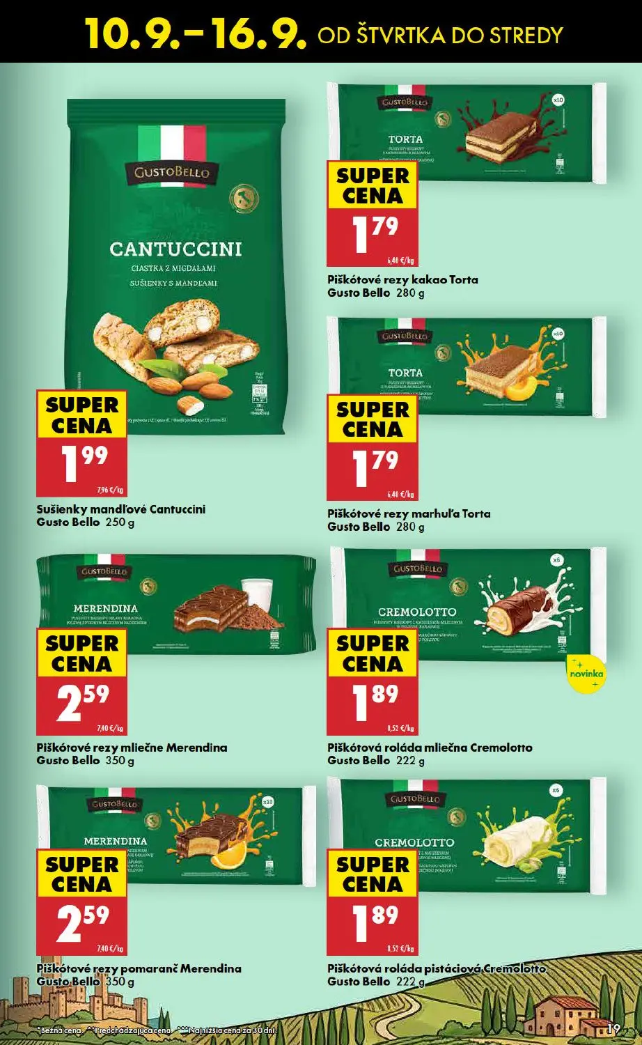 Biedronka leták, strana 19 z 48 — Piškótové rezy kakao Torta, Sušienky mandľové Cantuccini, Piškótové rezy marhuľa Torta