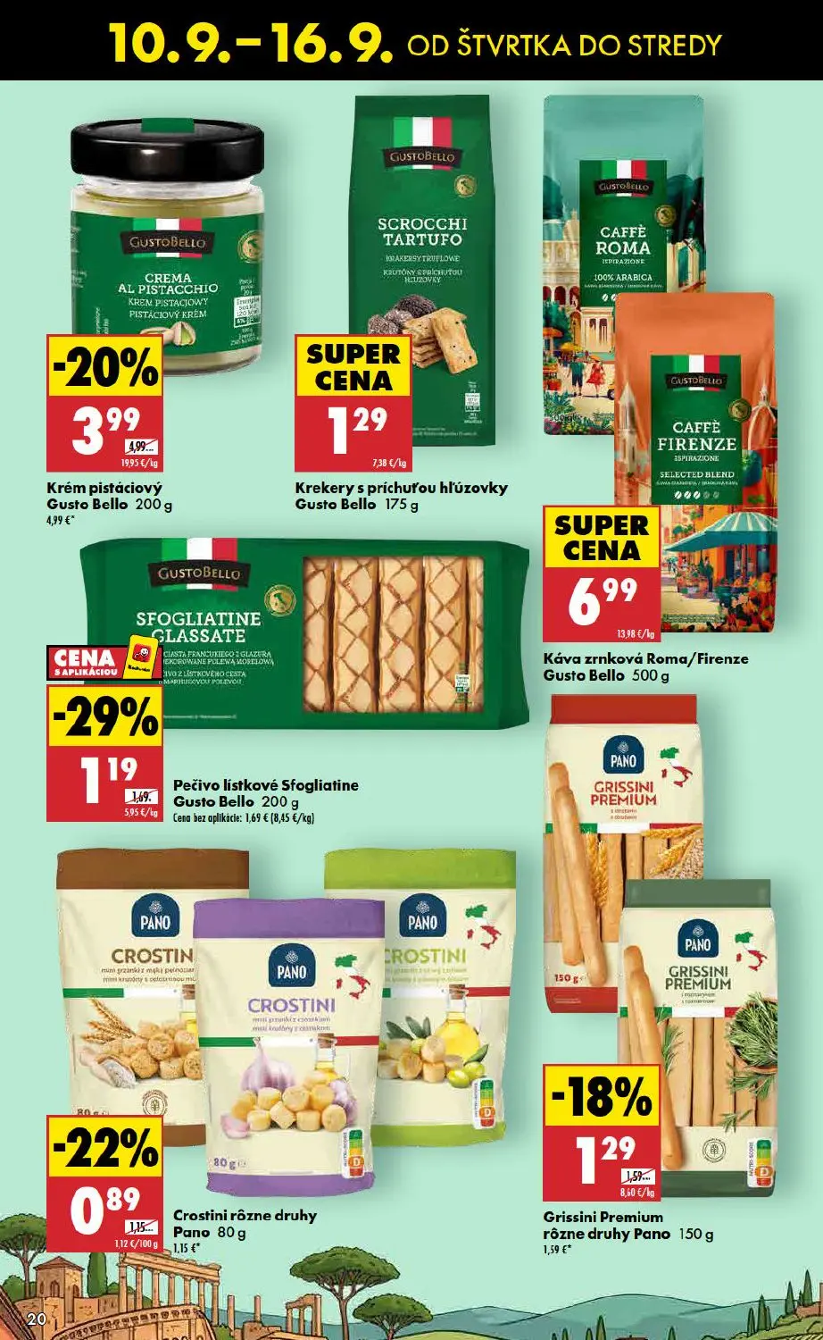 Biedronka leták, strana 20 z 48 — Krém pistáciový Gusto Bello, Pečivo lístkové Sfogliatine Gusto Bello, Grissini Premium rôz…