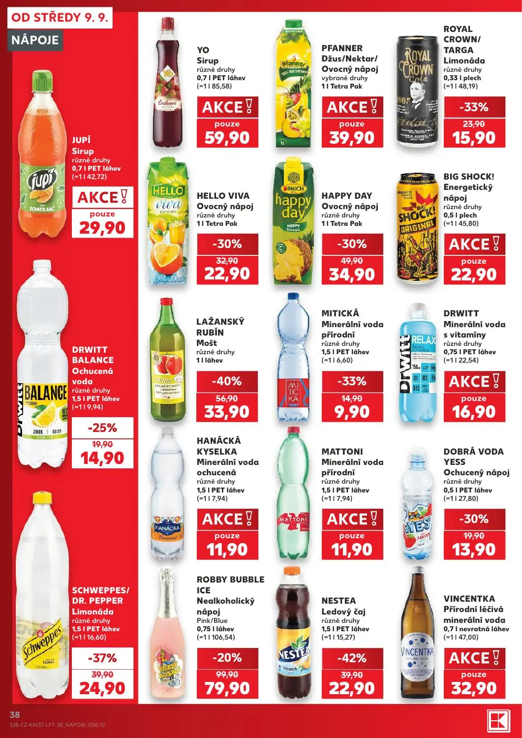 Kaufland leták, strana 38 z 52 — LAŽANSKÝ RUBÍN Mošt, ROBBY BUBBLE ICE Nealkoholický nápoj Pink/Blue, NESTEA Ledový čaj