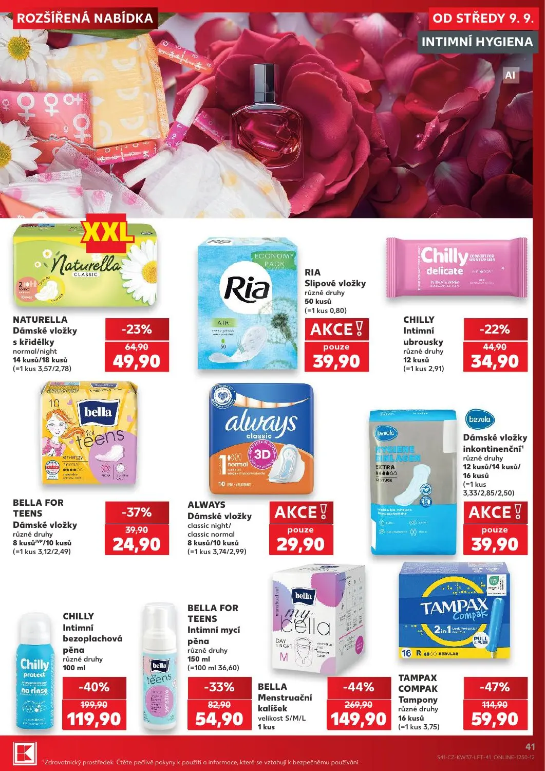Kaufland leták, strana 41 z 52 — BELLA Menstruační kalíšek velikost S/M/L, CHILLY Intimní bezoplachová pěna různé druhy, TAM…