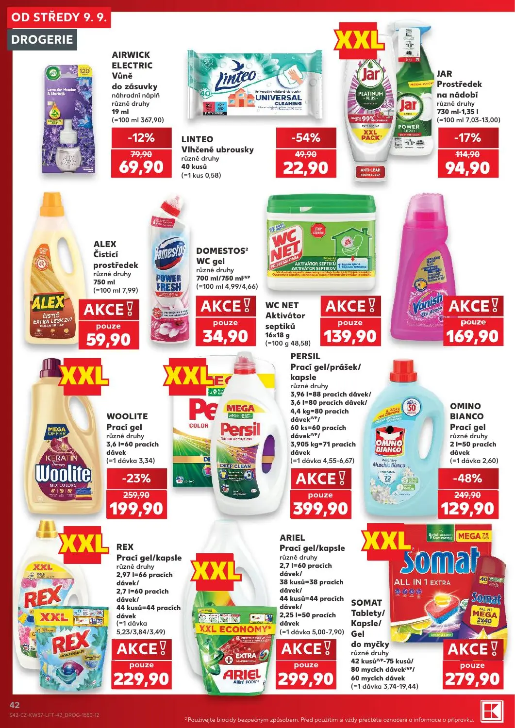 Kaufland leták, strana 42 z 52 — OMINO BIANCO Prací gel různé druhy, WOOLITE Prací gel různé druhy, LINTEO Vlhčené ubrousky …