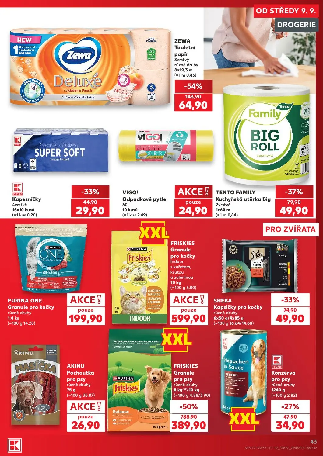 Kaufland leták, strana 43 z 52 — FRISKIES Granule pro psy, ZEWA Toaletní papír, TENTO FAMILY Kuchyňská utěrka Big