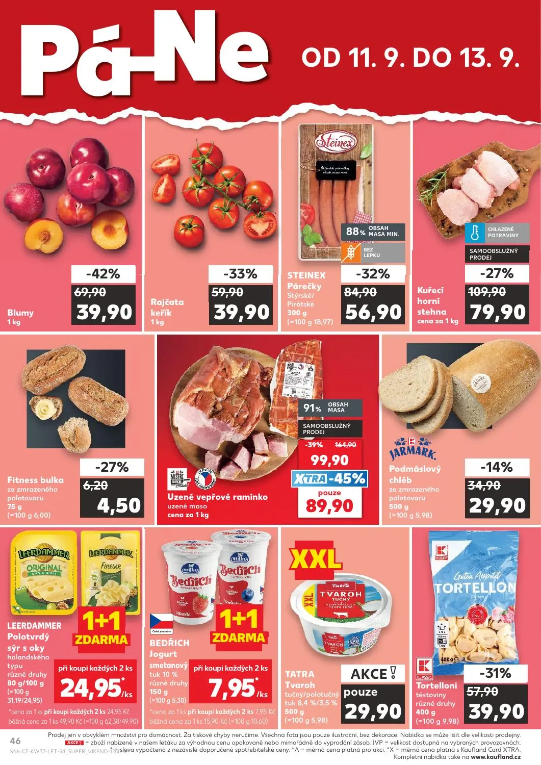Kaufland leták, strana 46 z 52 — Uzené vepřové ramínko uzené maso, Blumy, Kuřecí horní stehna