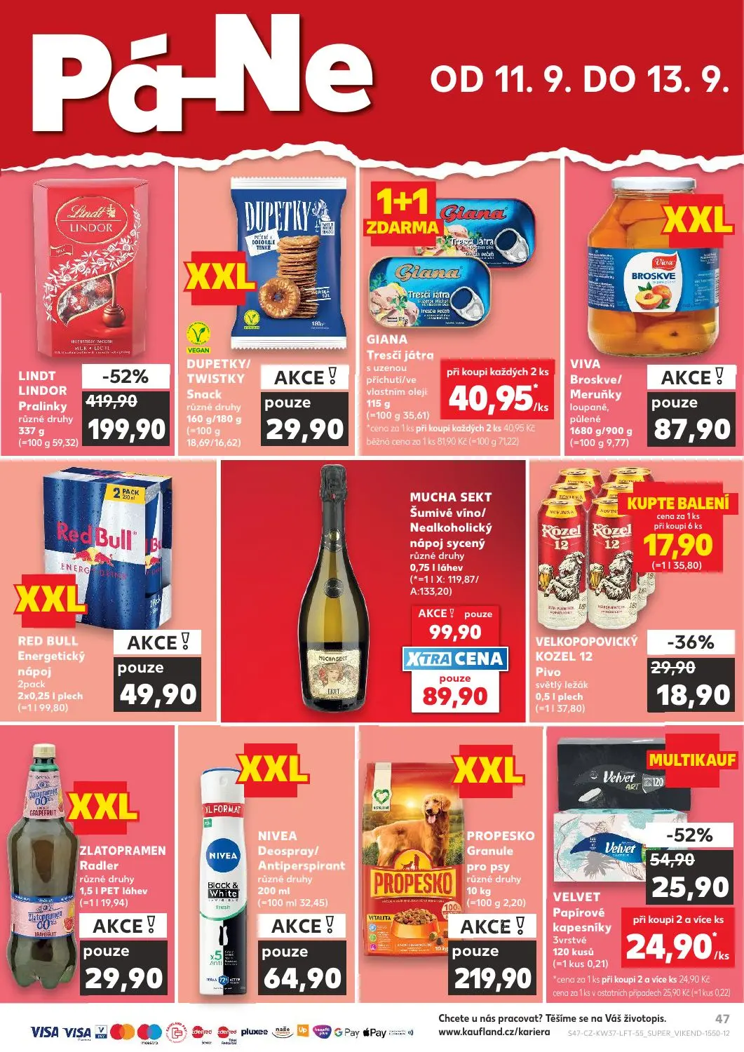 Kaufland leták, strana 47 z 52 — LINDT LINDOR Pralinky, DUPETKY/TWISTKY Snack, RED BULL Energetický nápoj