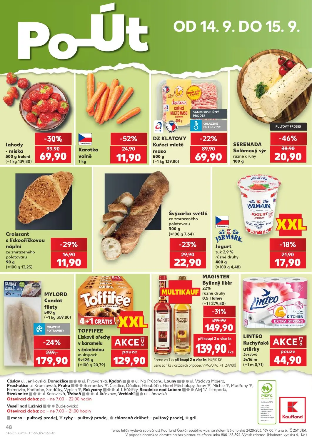 Kaufland leták, strana 48 z 52 — Jahody - miska, DZ KLATOVY Kuřecí mleté maso, SERENADA Salámový sýr