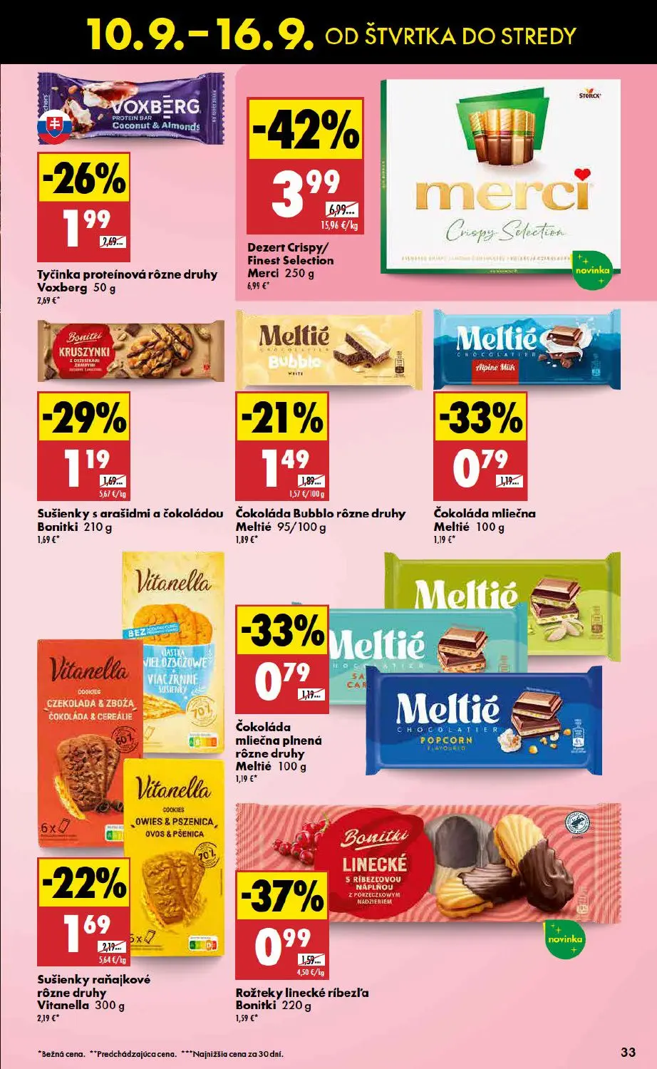 Biedronka leták, strana 33 z 48 — Dezert Crispy/Finest Selection Merci, Tyčinka proteínová rôzne druhy Voxberg, Rožteky line…