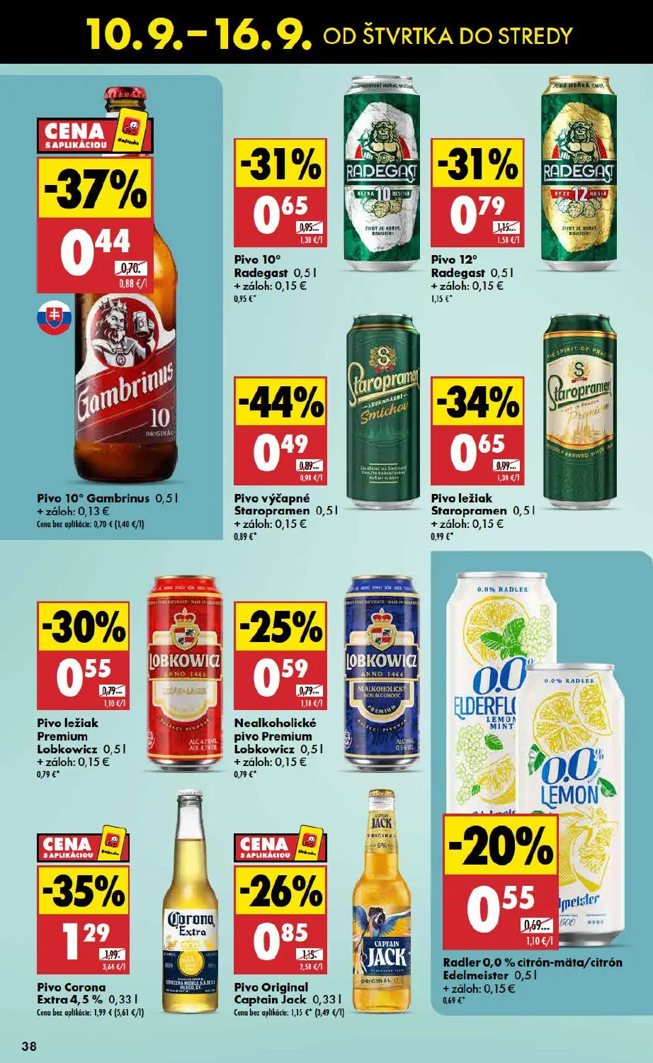 Biedronka leták, strana 38 z 48 — Pivo Corona Extra 4,5%, Pivo výčapné Staropramen, Pivo 12° Radegast