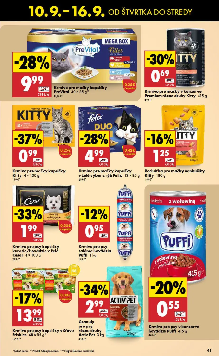 Biedronka leták, strana 41 z 48 — Krmivo pre mačky kapsičky PreVital 40 x 85 g, Krmivo pre psy kapsičky v šťave Friskies