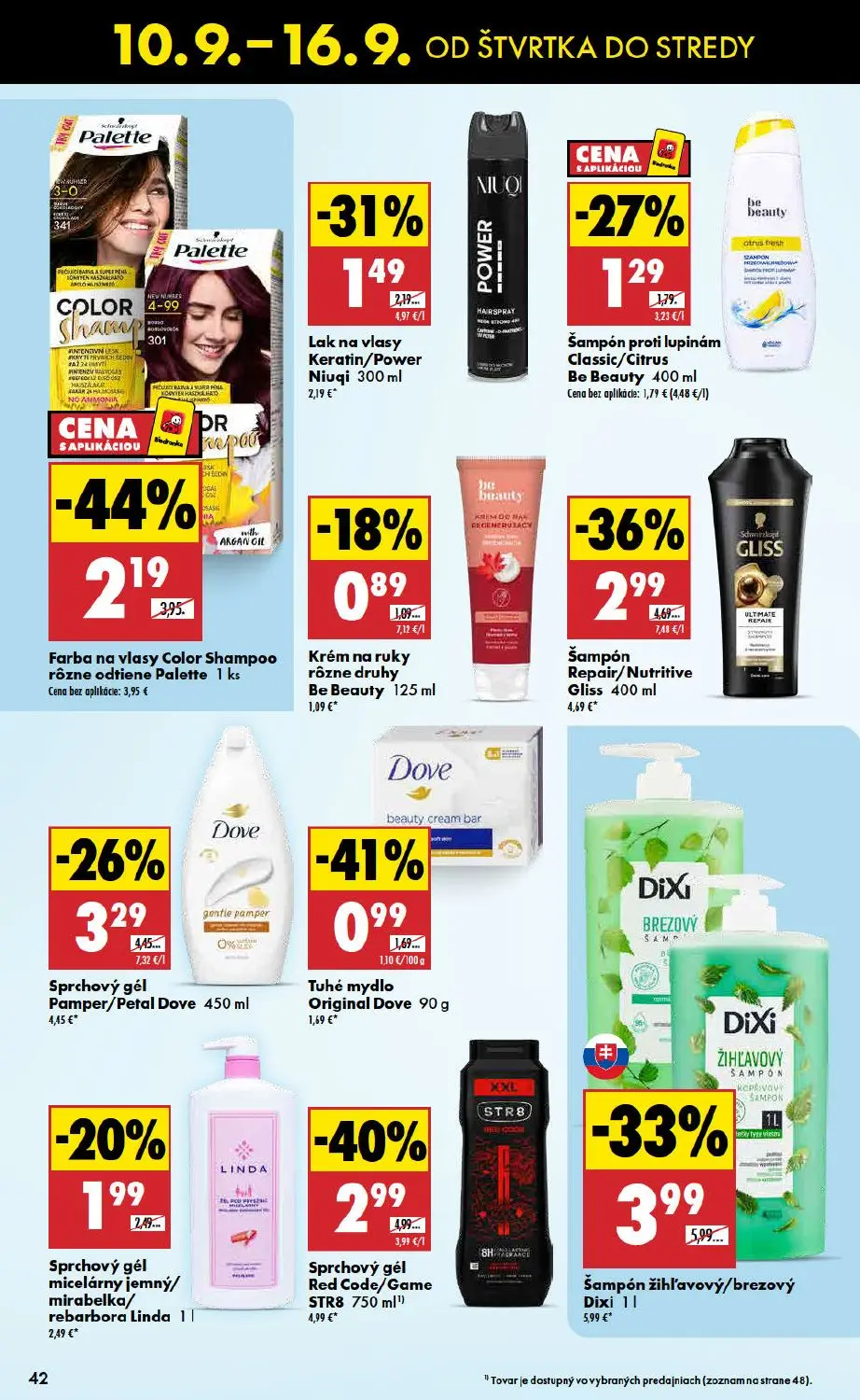 Biedronka leták, strana 42 z 48 — Šampón žihľavový/brezový Dixi, Sprchový gél Red Code/Game STR8, Farba na vlasy Color Shamp…