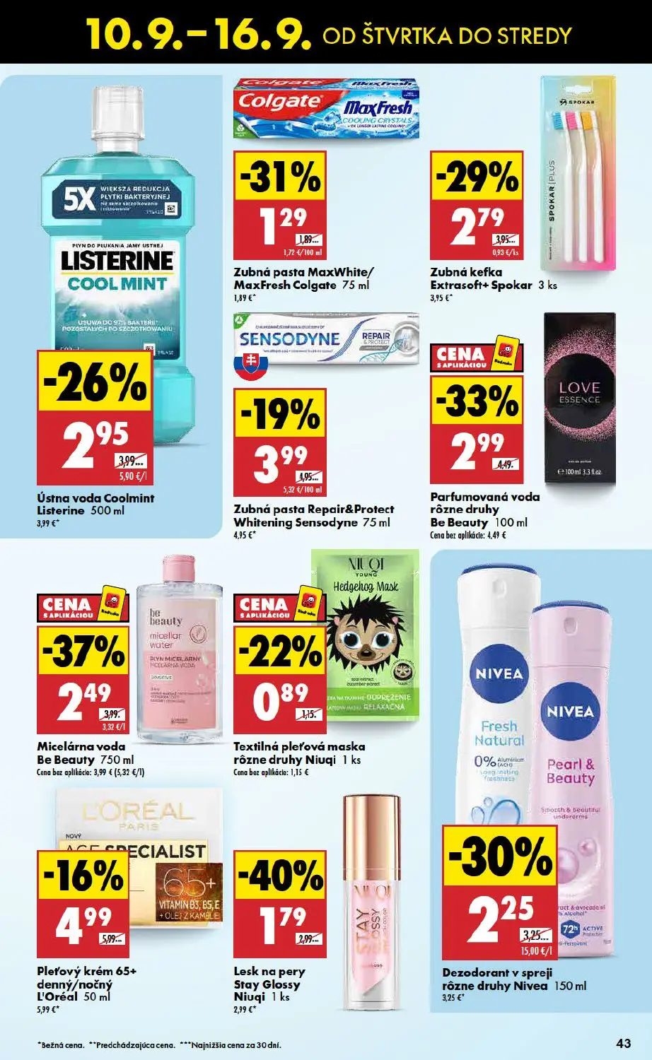 Biedronka leták, strana 43 z 48 — Parfumovaná voda rôzne druhy Be Beauty, Micelárna voda Be Beauty, Lesk na pery Stay Glossy…