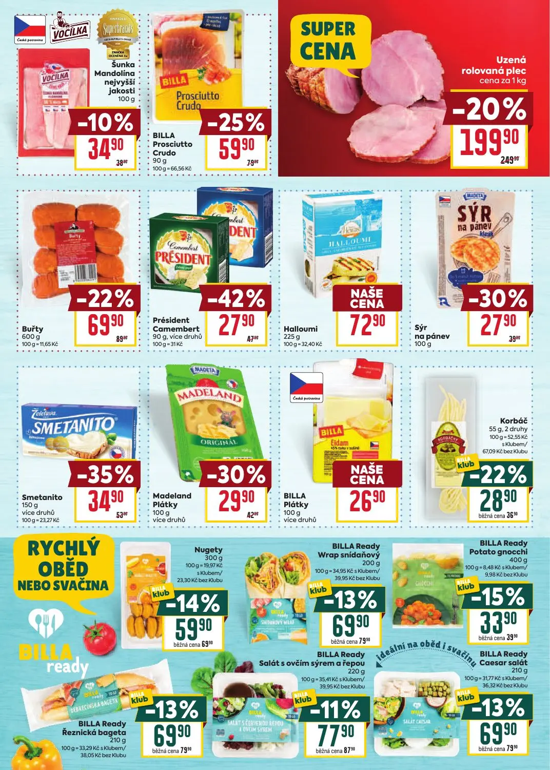 Billa leták, strana 13 z 39 — Uzená rolovaná plec, Président Camembert, Prosciutto Crudo