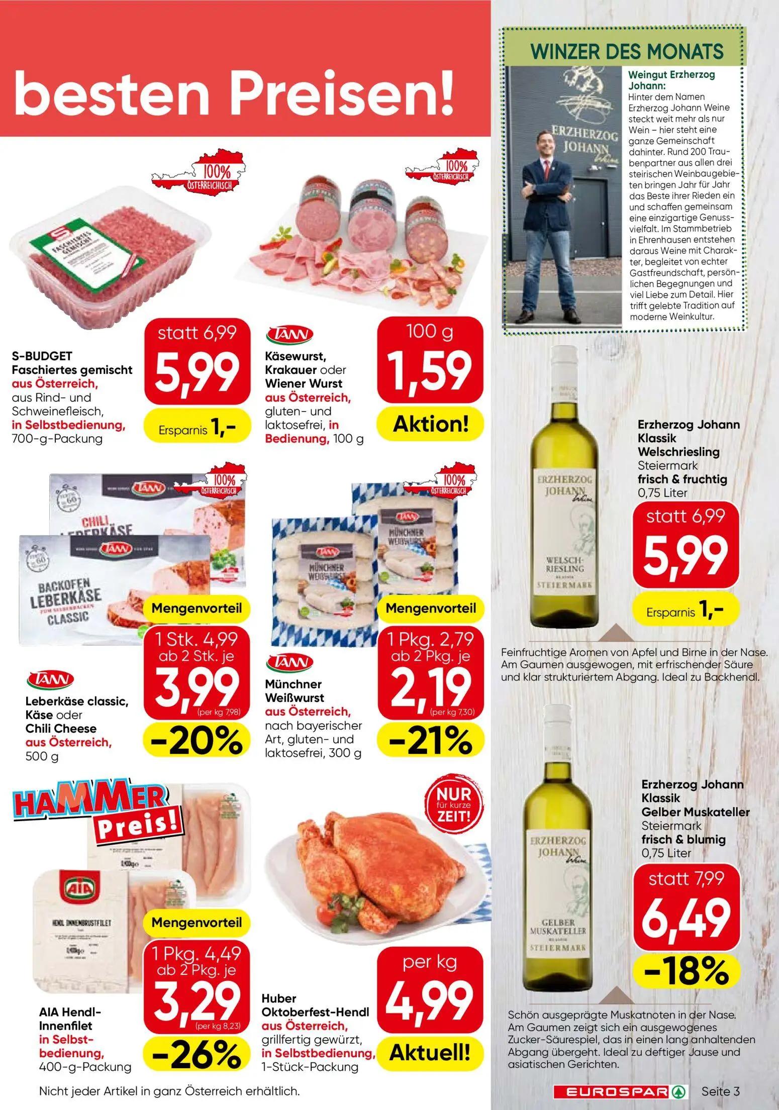 Eurospar Prospekt, Seite 3 von 16 — Erzherzog Johann Klassik Gelber Muskateller Steiermark, AIA Hendl-Innenfilet, S-BUDGET F…