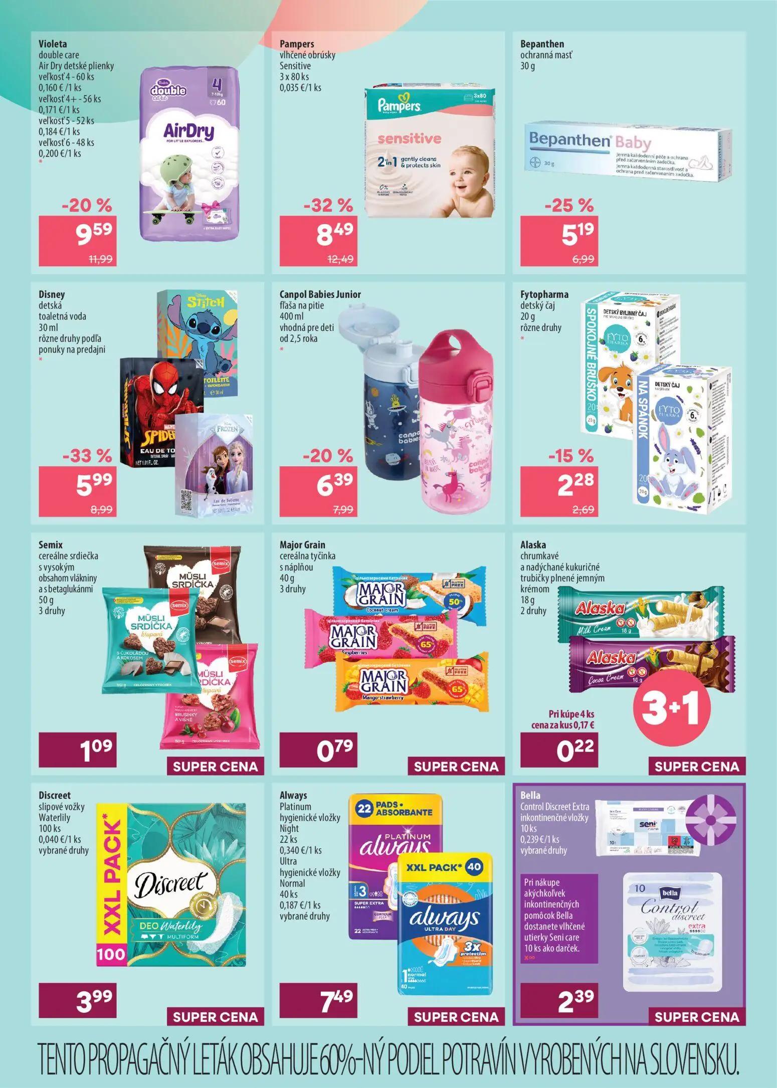 101 Drogerie leták, strana 4 z 16 — Pampers vlhčené obrúsky Sensitive, Disney detská toaletná voda, Violeta double care Air …