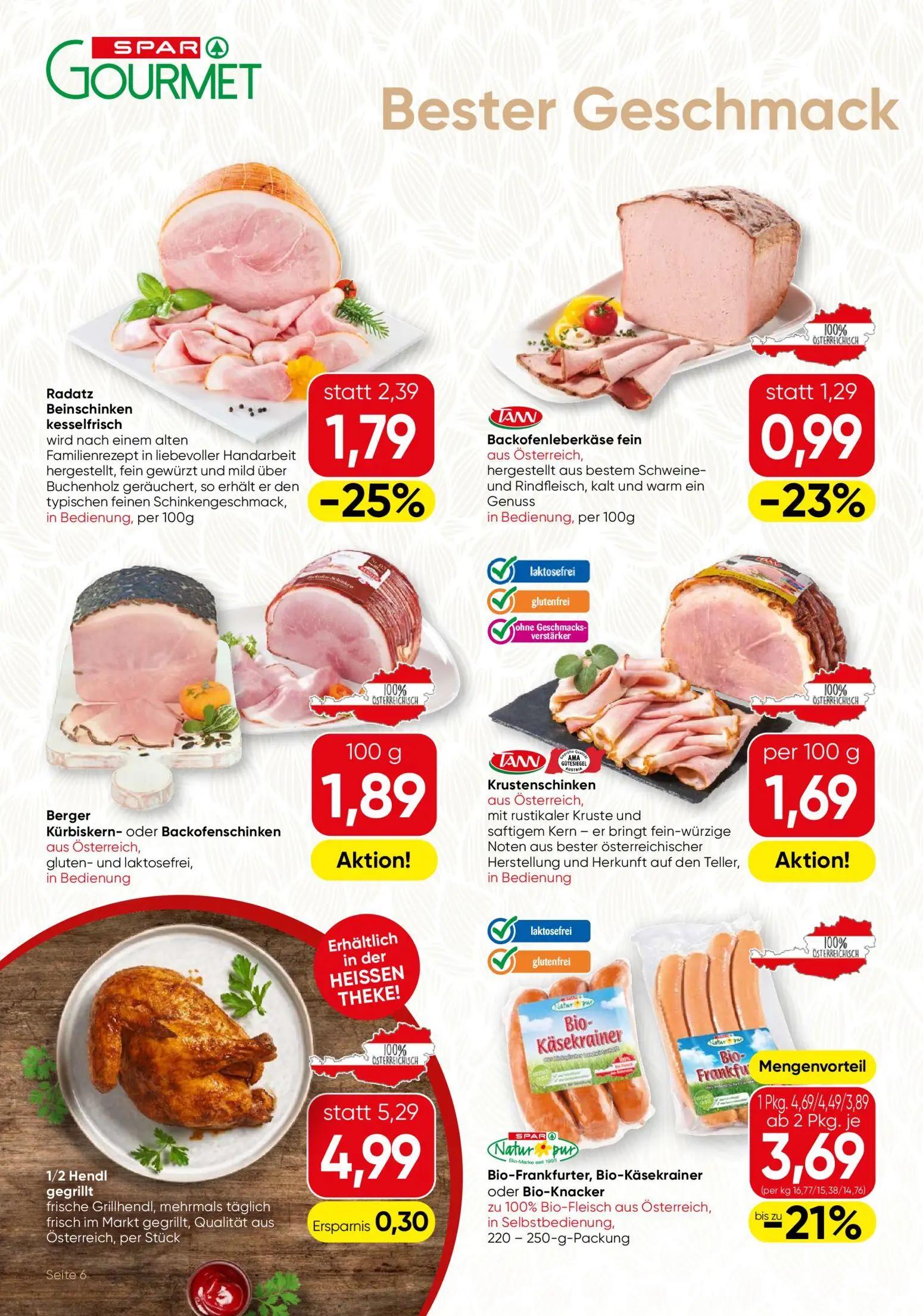 Spar Gourmet Prospekt, Seite 6 von 12 — SPAR Natur pur Bio-Frankfurter, Bio-Käsekrainer oder Bio-Knacker, Radatz Beinschinke…