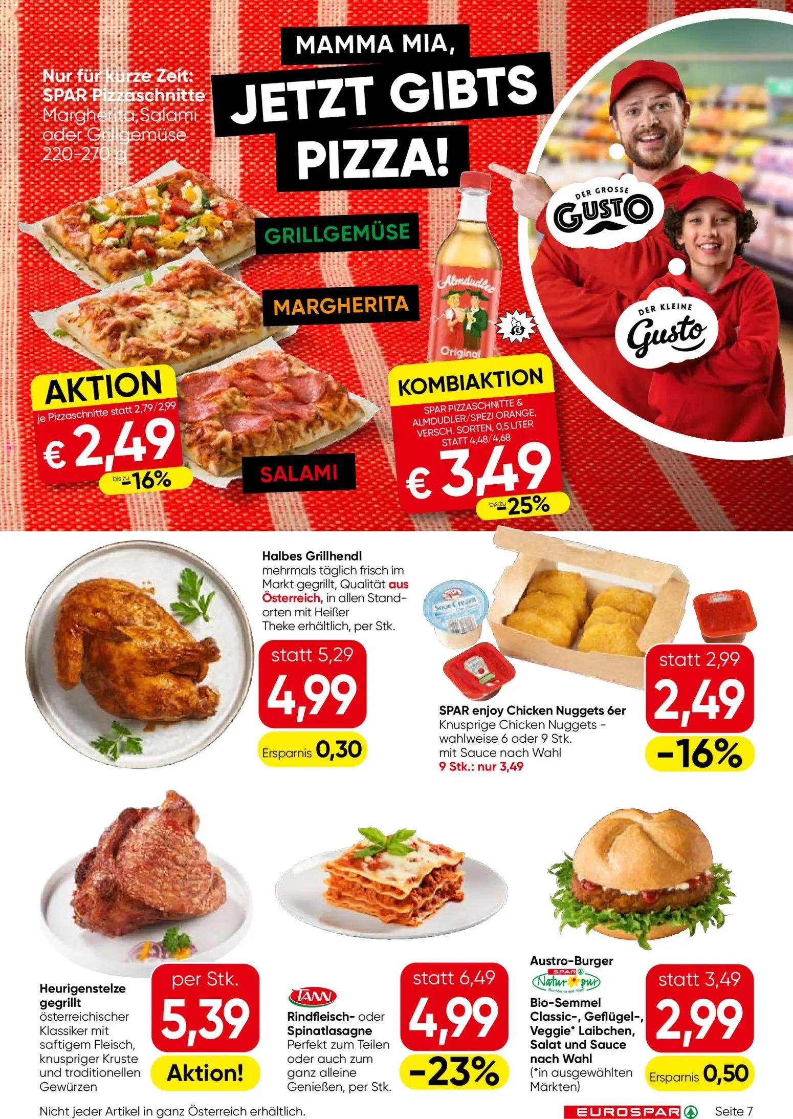 Eurospar Prospekt, Seite 7 von 16 — Rindfleisch- oder Spinatlasagne, SPAR Pizzaschnitte & Almdudler/Spezi Orange, SPAR enjoy…