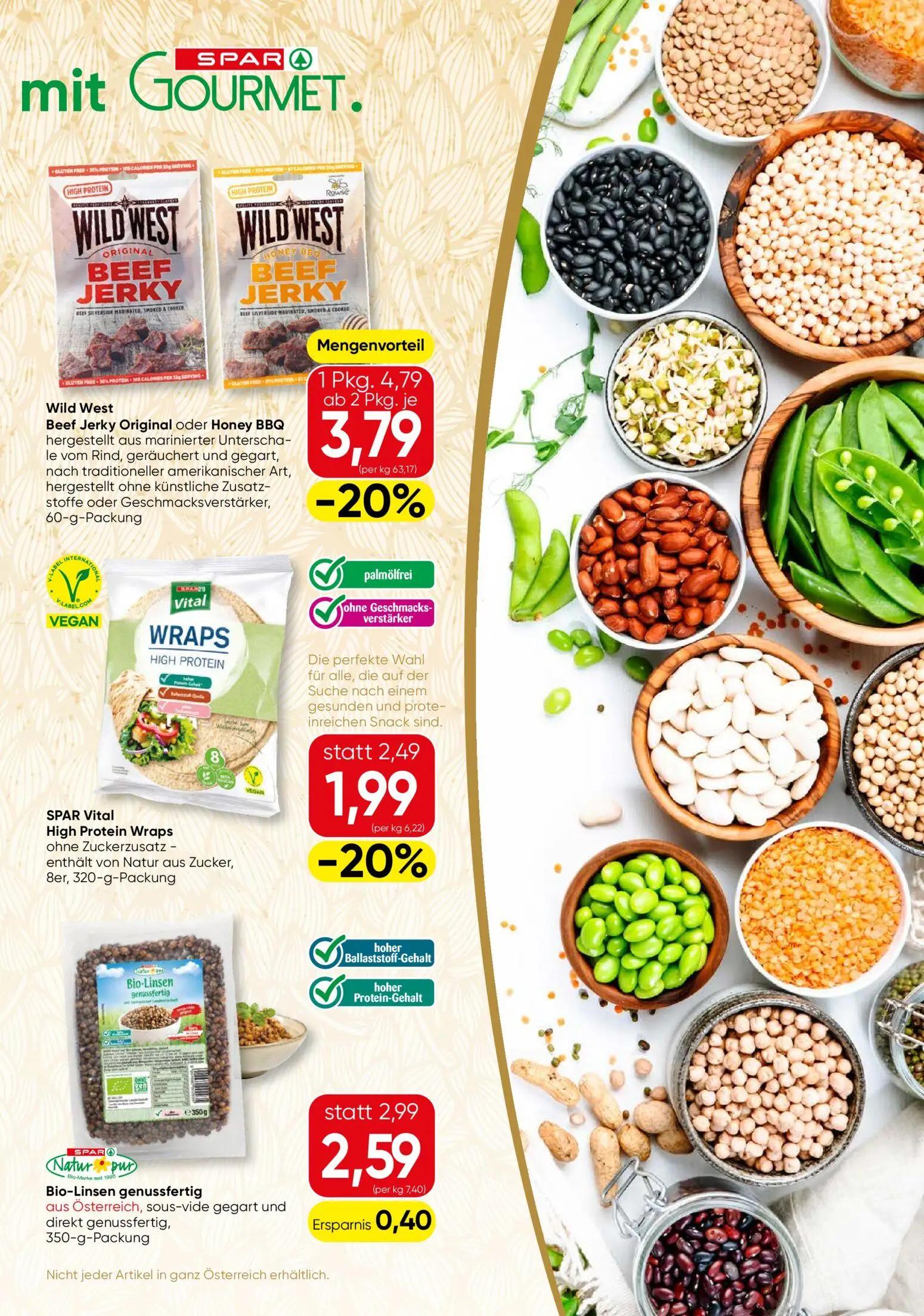 Spar Gourmet Prospekt, Seite 9 von 12 — Wild West Beef Jerky Original oder Honey BBQ, SPAR Vital High Protein Wraps, Bio-Lin…
