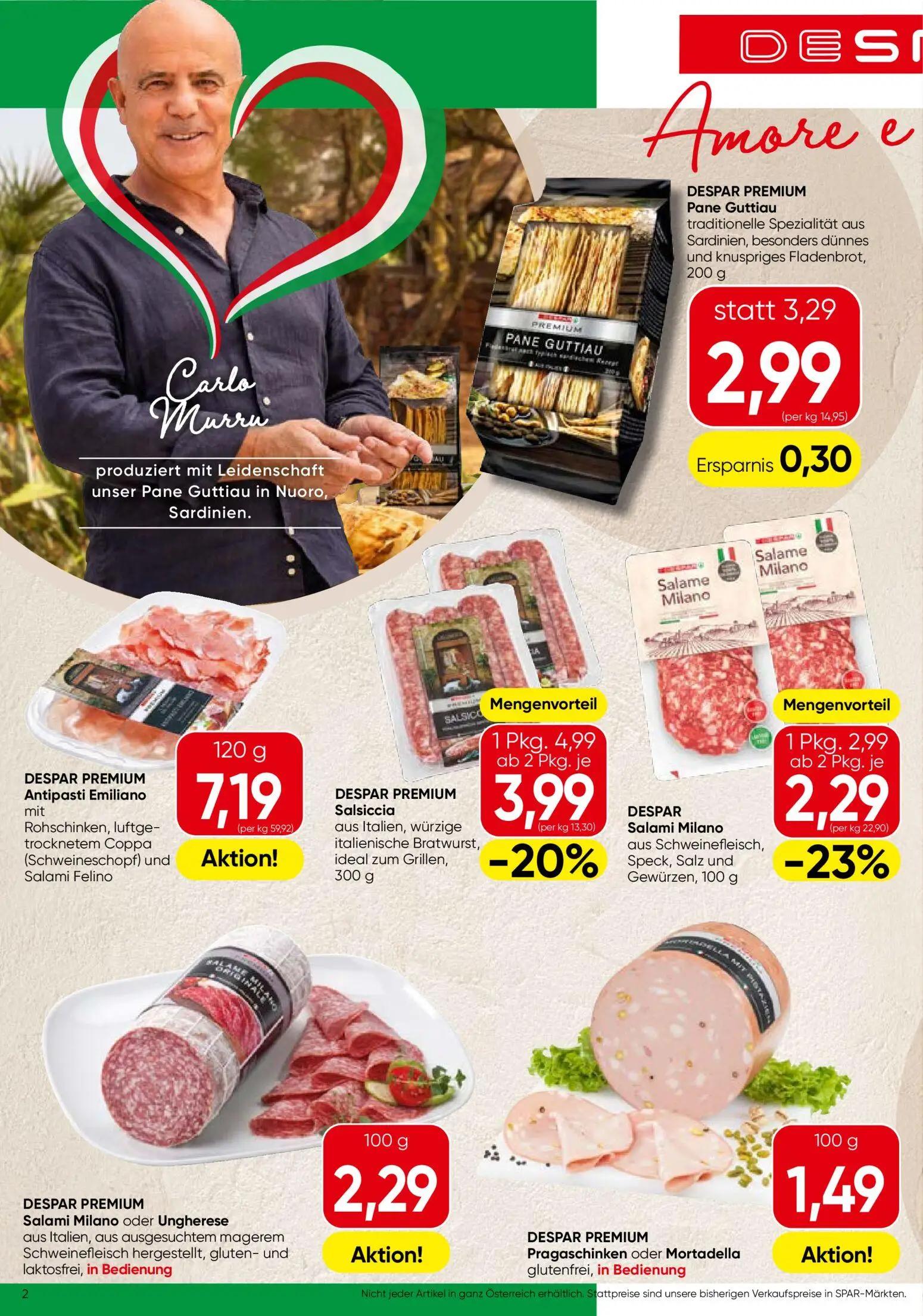 Spar Prospekt, Seite 2 von 24 — Salsiccia aus Italien, würzige italienische Bratwurst, ideal zum Grillen, Salami Milano aus …