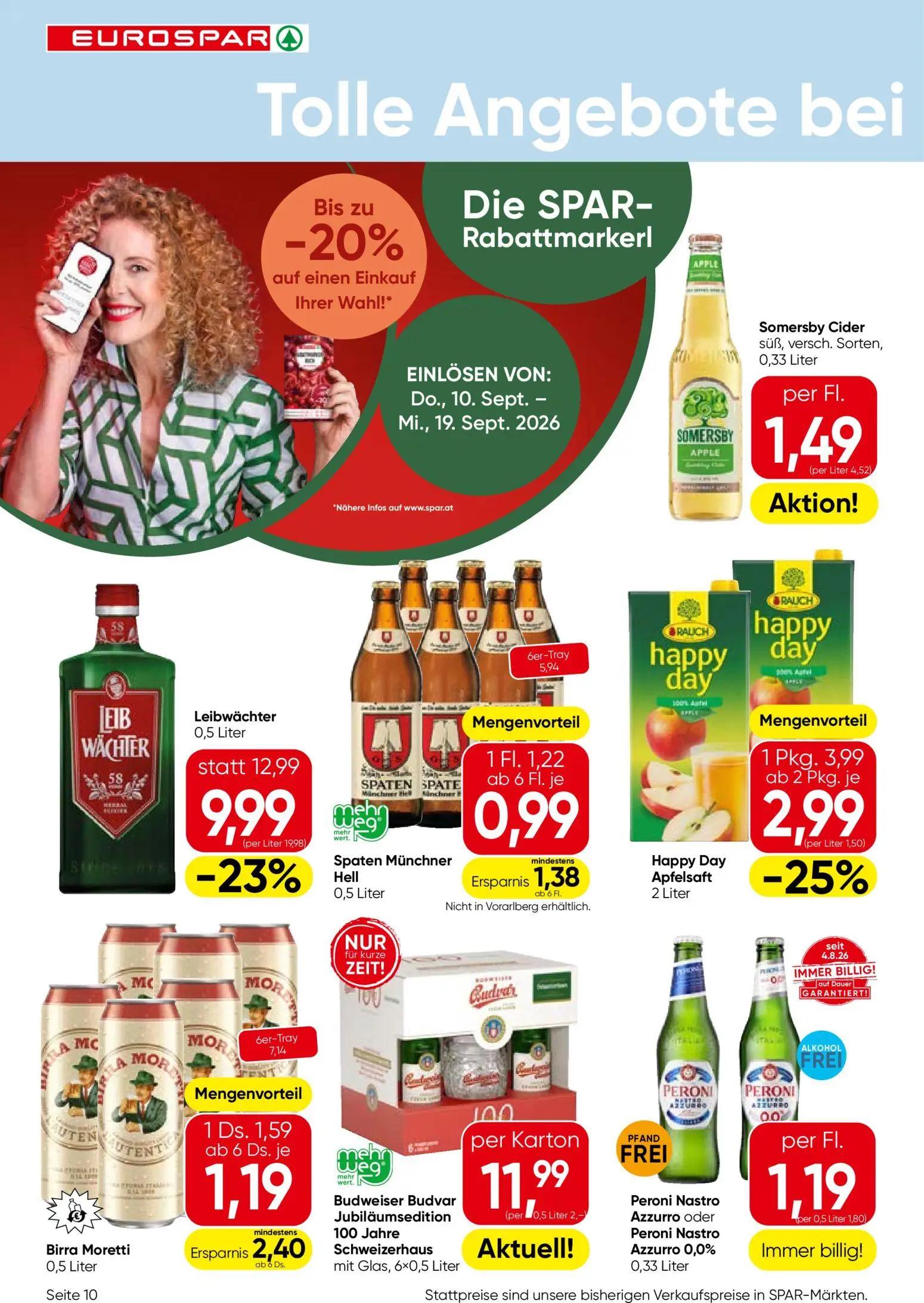 Eurospar Prospekt, Seite 10 von 16 — Leibwächter, Happy Day Apfelsaft, Somersby Cider süß, versch. Sorten