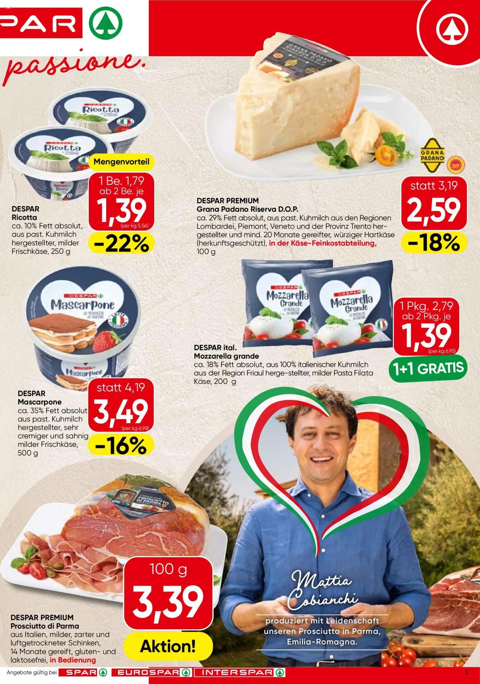 Spar Prospekt, Seite 3 von 24 — DESPAR ital. Mozzarella grande, DESPAR Mascarpone, DESPAR PREMIUM Grana Padano Riserva D.O.P.