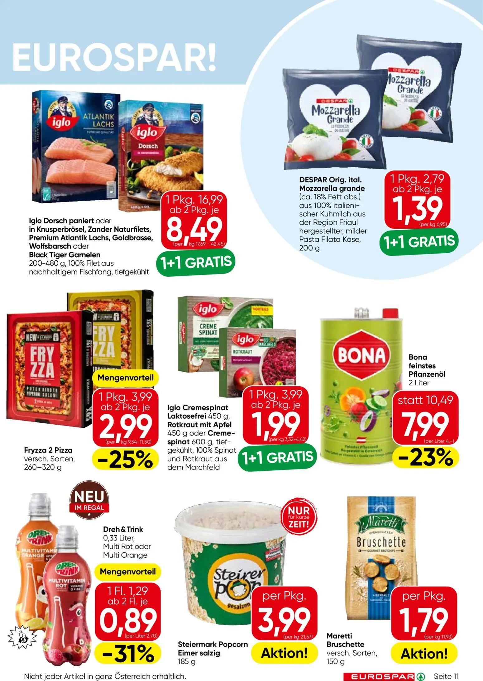 Eurospar Prospekt, Seite 11 von 16 — Iglo Dorsch paniert oder in Knusperbrösel, Zander Naturfilets, Premium Atlantik Lachs, …