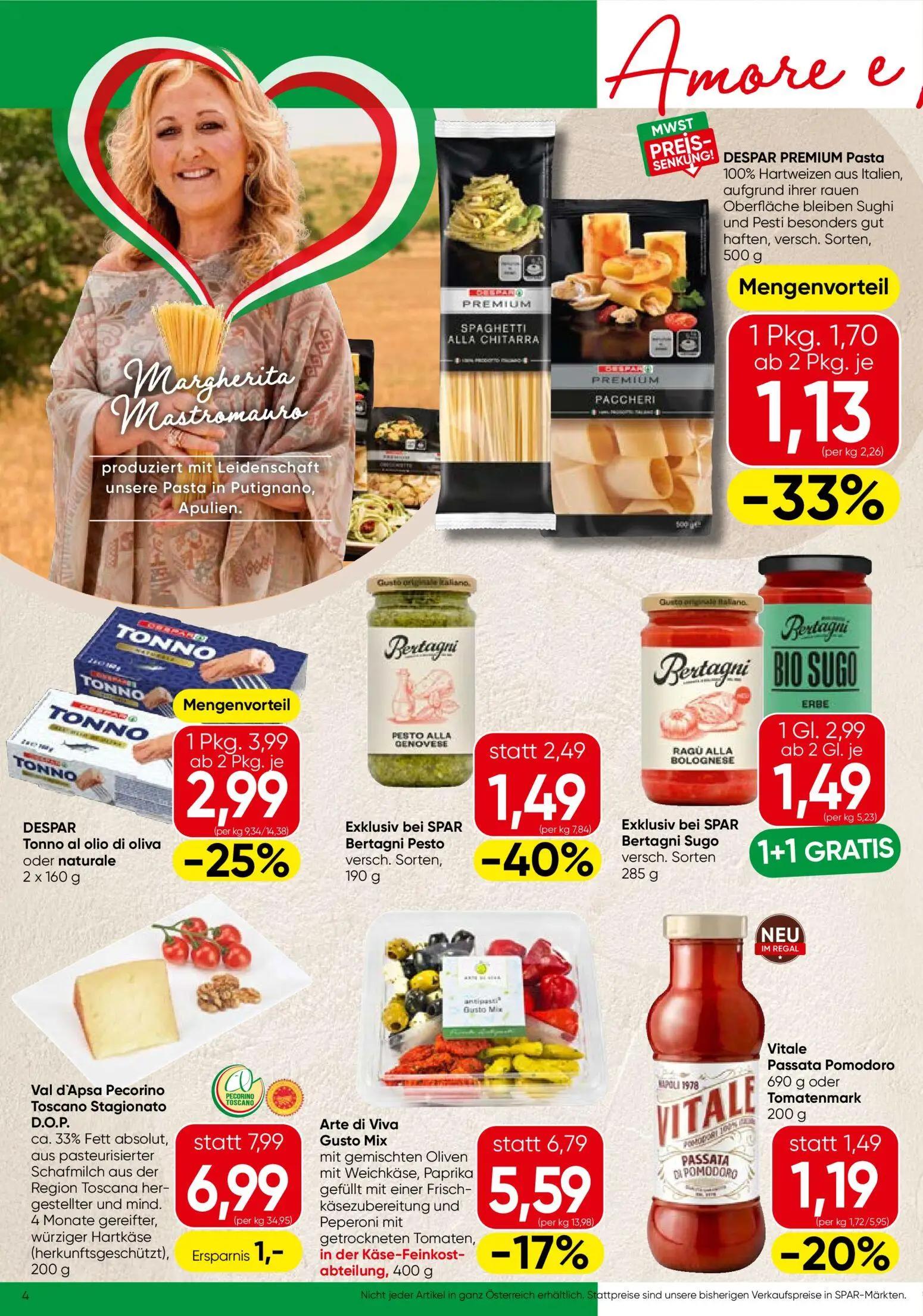 Spar Prospekt, Seite 4 von 24 — Bertagni Sugo versch. Sorten, Arte di Viva Gusto Mix, DESPAR Tonno al olio di oliva oder nat…