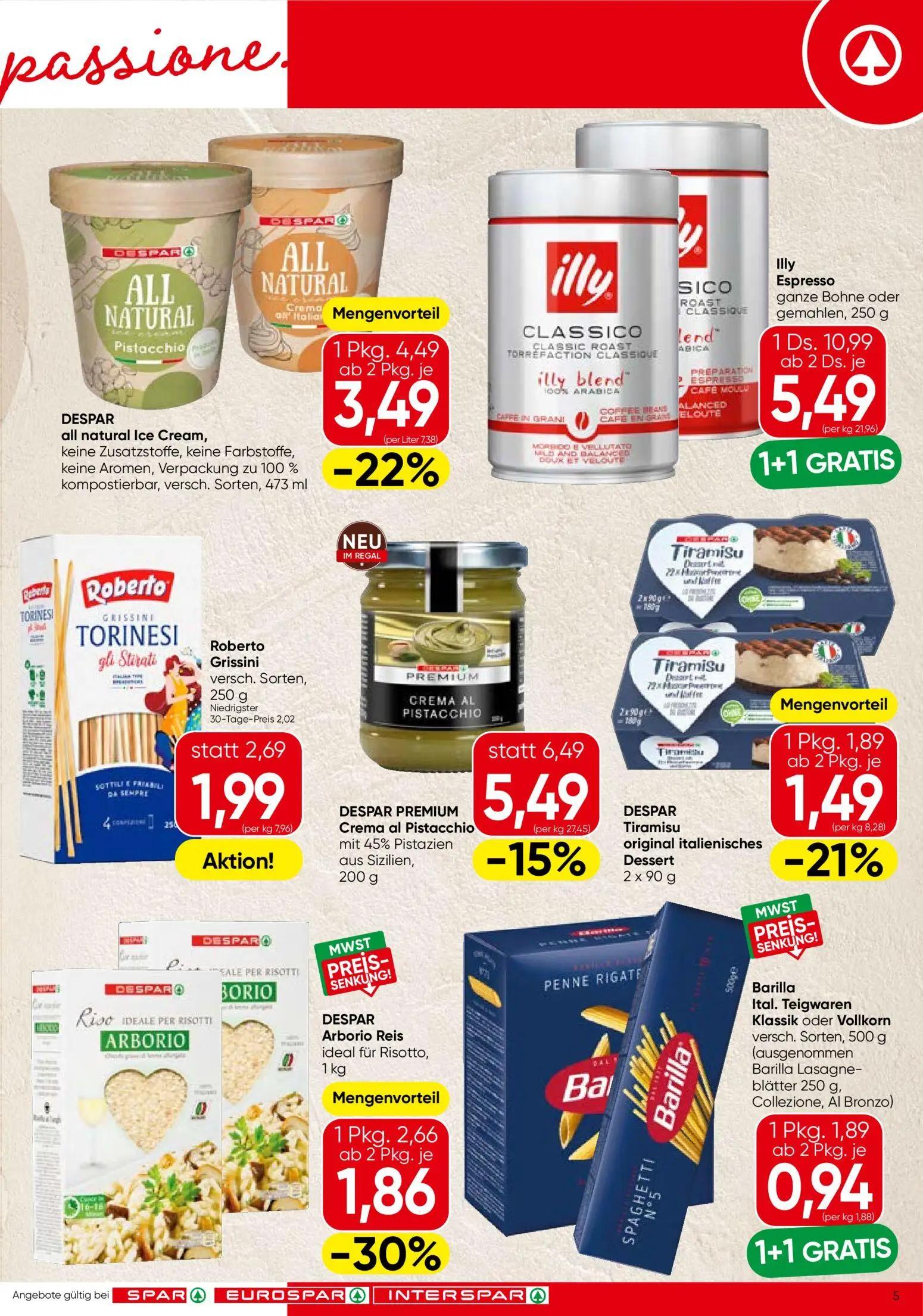 Spar Prospekt, Seite 5 von 24 — Illy Espresso ganze Bohne oder gemahlen, DESPAR all natural Ice Cream, Pistacchio oder Crema…