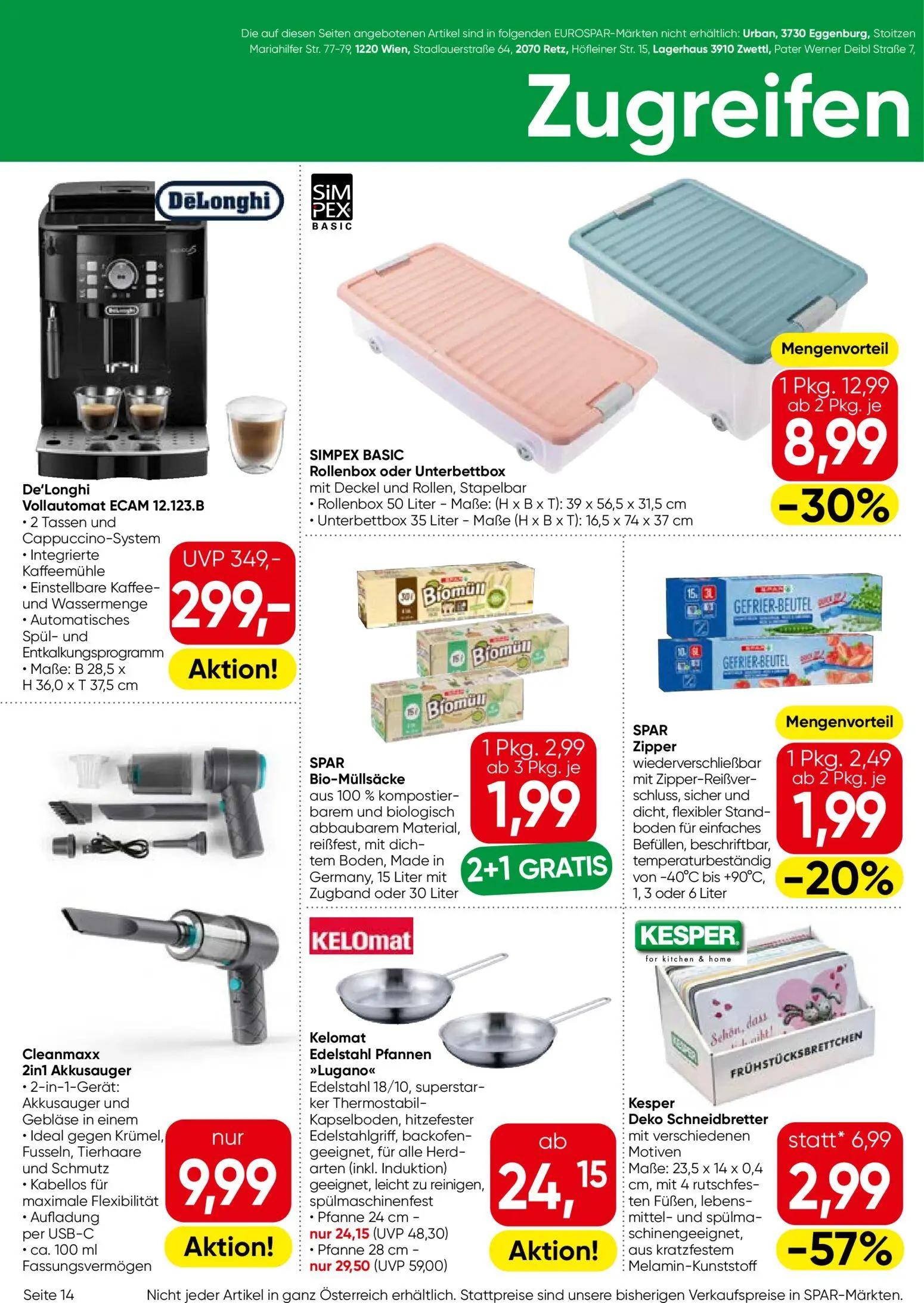 Eurospar Prospekt, Seite 14 von 16 — De'Longhi Vollautomat ECAM 12.123.B, Kelomat Edelstahl Pfannen "Lugano", SIMPEX BASIC R…