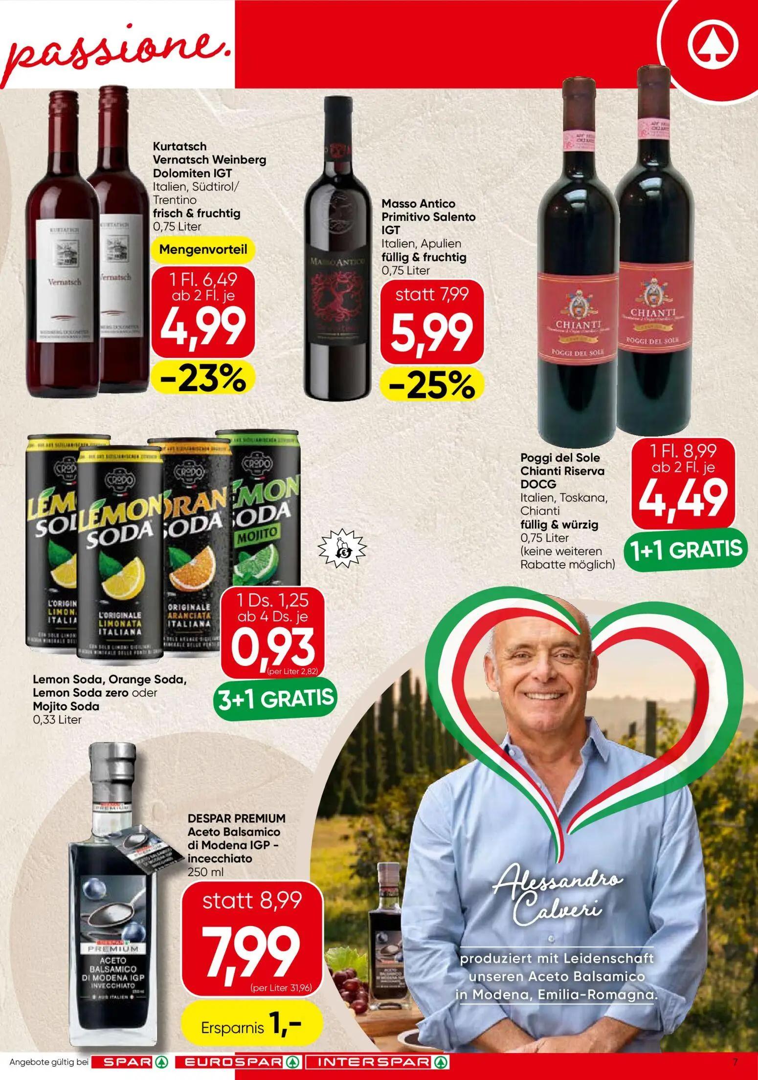 Spar Prospekt, Seite 7 von 24 — Poggi del Sole Chianti Riserva DOCG, Masso Antico Primitivo Salento IGT, Kurtatsch Vernatsch…