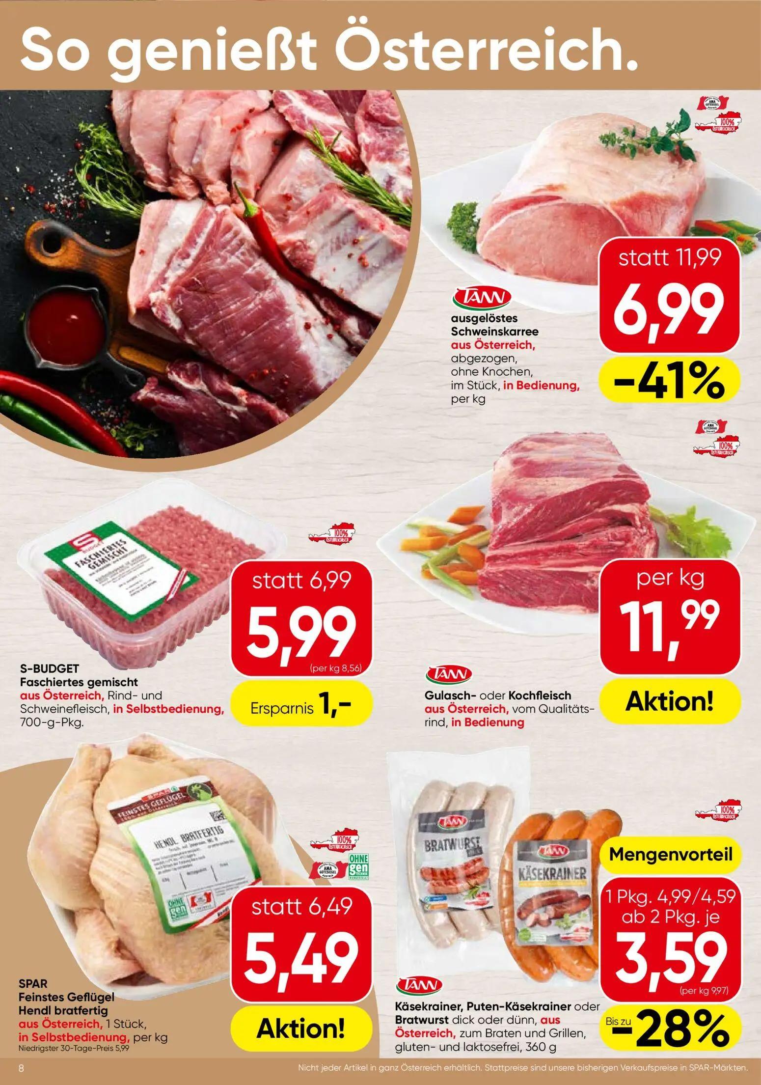 Spar Prospekt, Seite 8 von 24 — ausgelöstes Schweinskarree aus Österreich, abgezogen, ohne Knochen, im Stück, Käsekrainer, P…