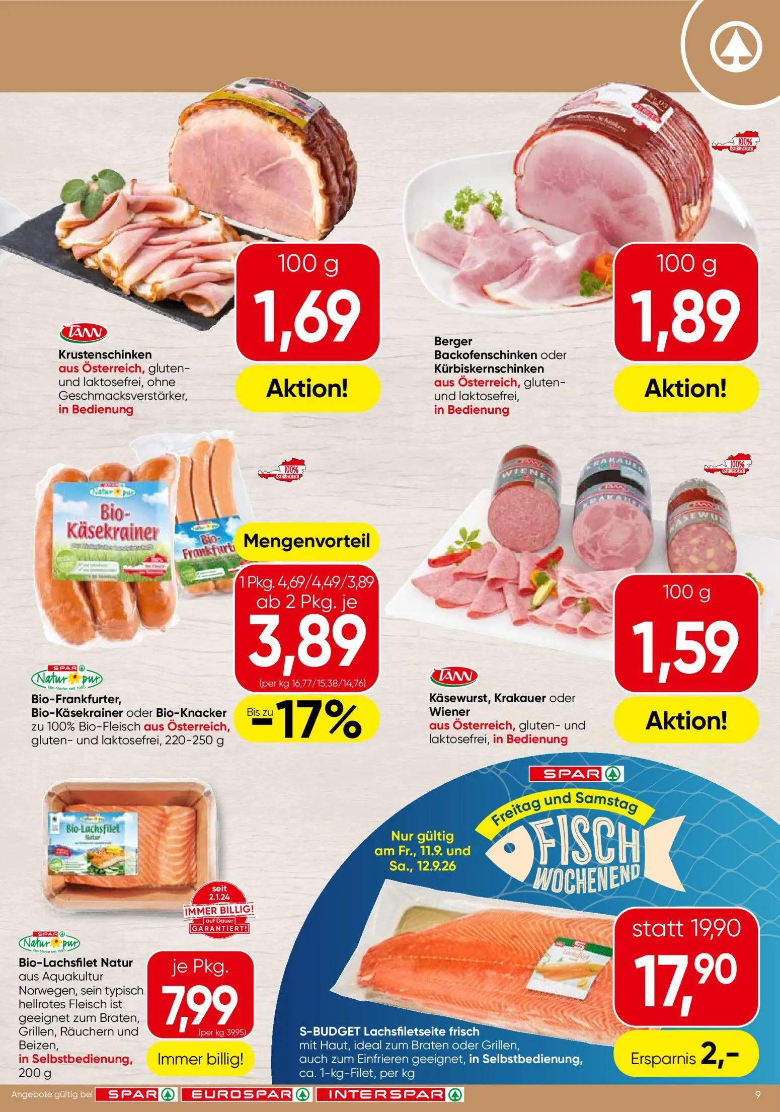 Spar Prospekt, Seite 9 von 24 — S-BUDGET Lachsfiletseite frisch, Bio-Frankfurter, Bio-Käsekrainer oder Bio-Knacker, Krustens…