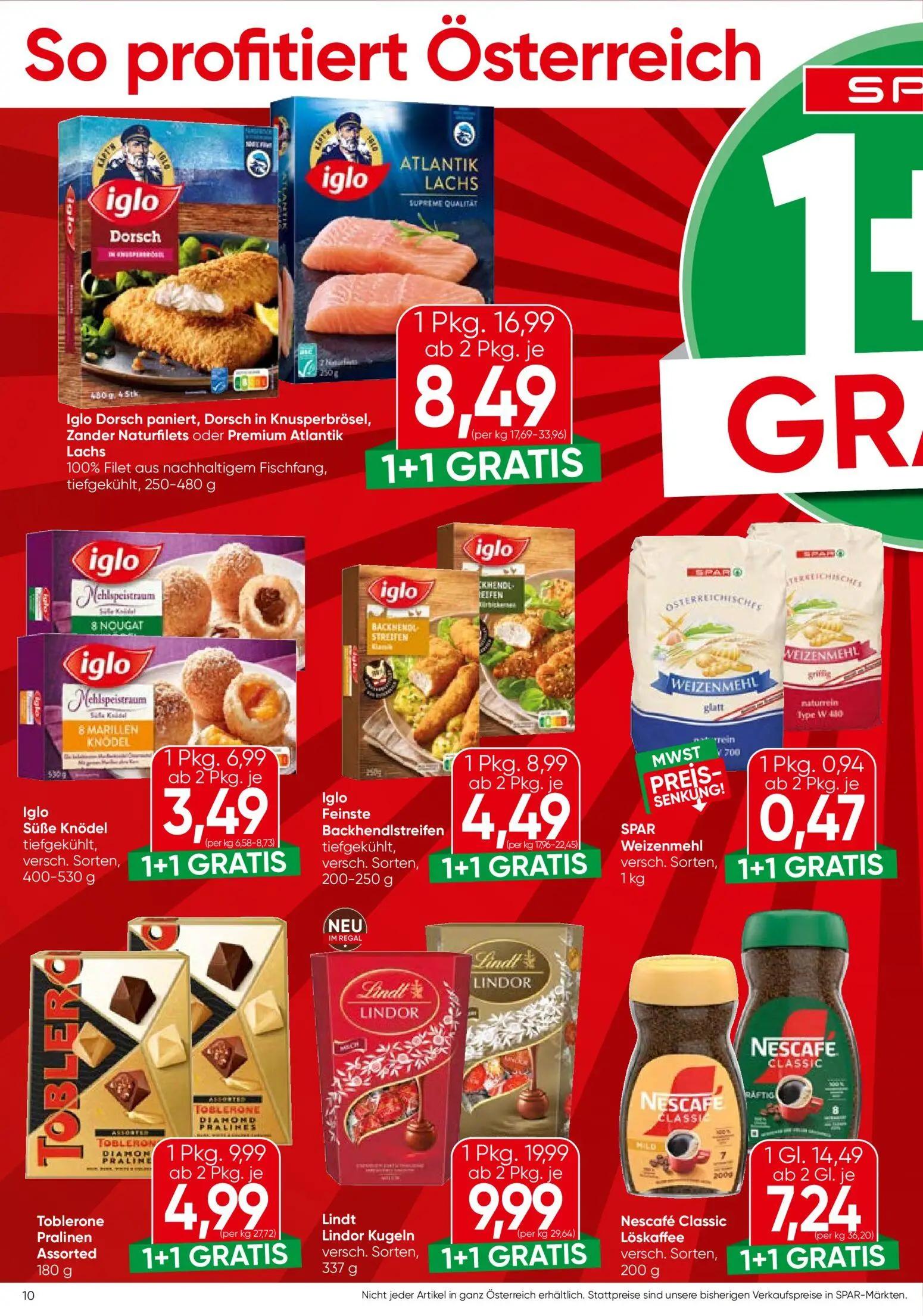Spar Prospekt, Seite 10 von 24 — Lindt Lindor Kugeln, Iglo Dorsch paniert, Dorsch in Knusperbrösel, Zander Naturfilets oder …