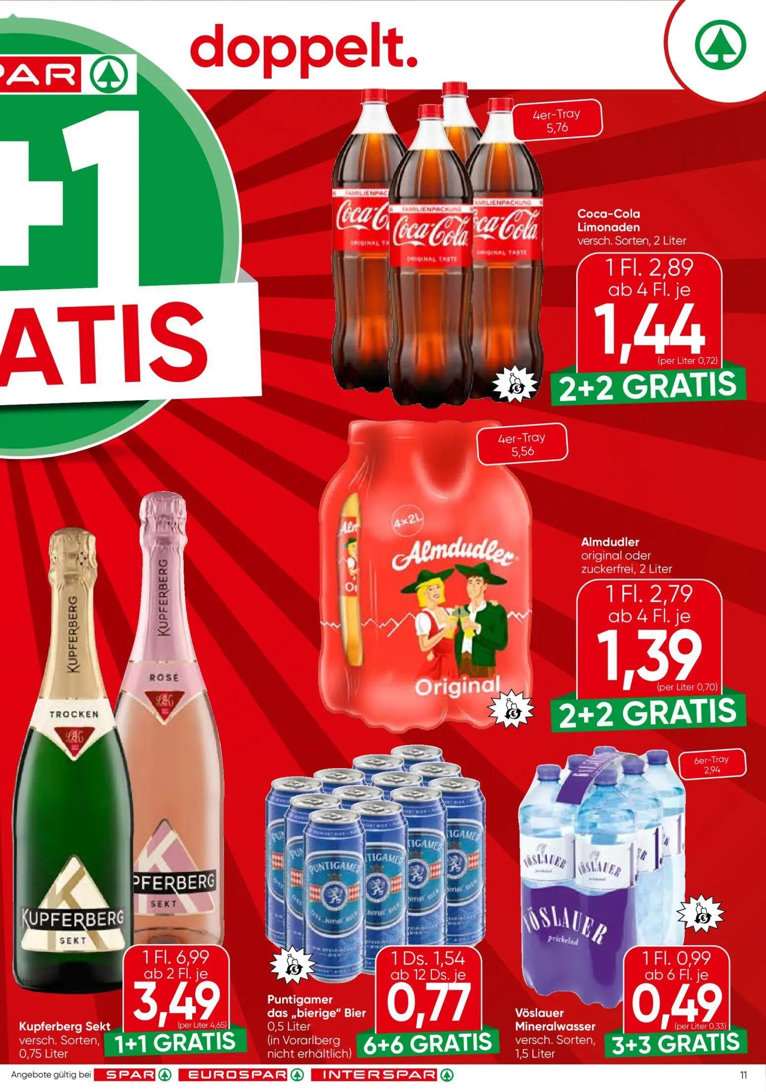 Spar Prospekt, Seite 11 von 24 — Kupferberg Sekt versch. Sorten, Coca-Cola Limonaden, Almdudler original oder zuckerfrei