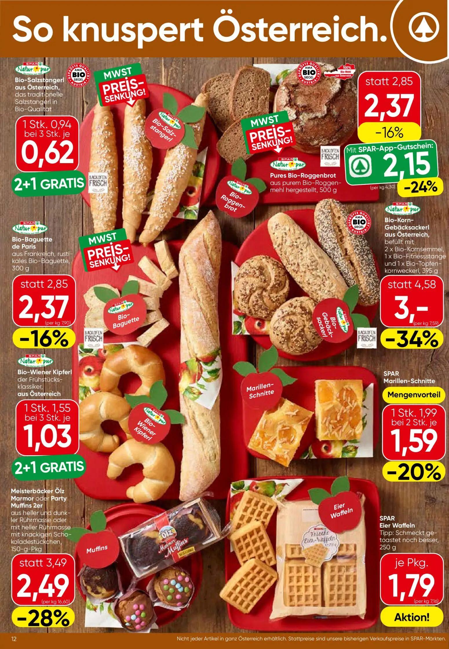 Spar Prospekt, Seite 12 von 24 — Bio-Korn-Gebäcksackerl aus Österreich, befüllt mit 2 x Bio-Kornsemmel, 1 x Bio-Fitnessstang…