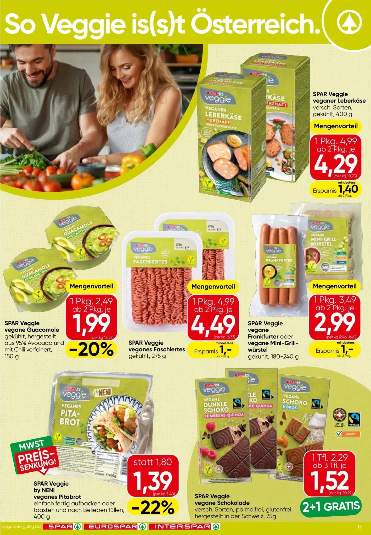 Spar Prospekt, Seite 13 von 24 — SPAR Veggie vegane Schokolade versch. Sorten, palmölfrei, glutenfrei, hergestellt in der Sc…