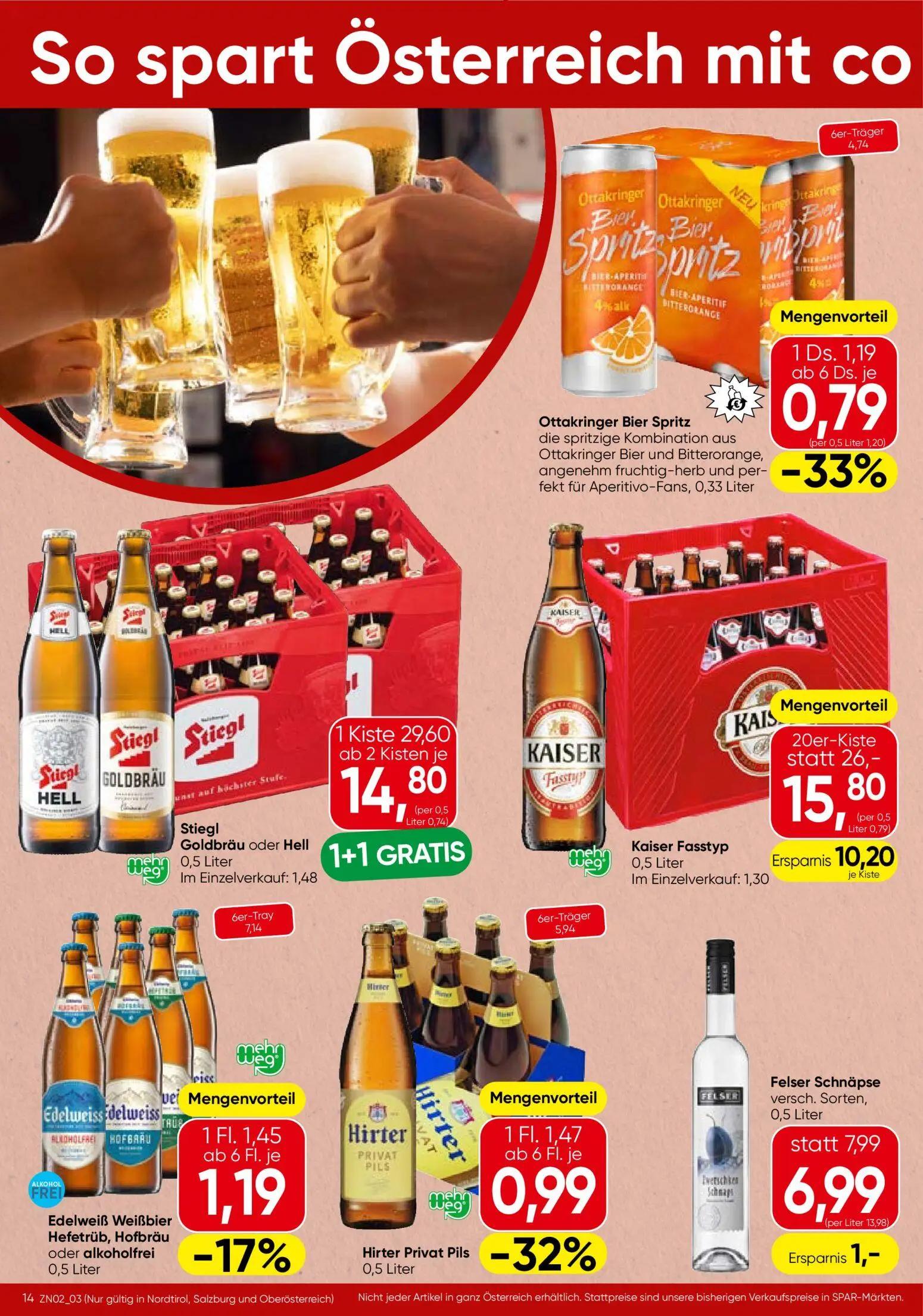Spar Prospekt, Seite 14 von 24 — Stiegl Goldbräu oder Hell, Kaiser Fasstyp, Felser Schnäpse versch. Sorten