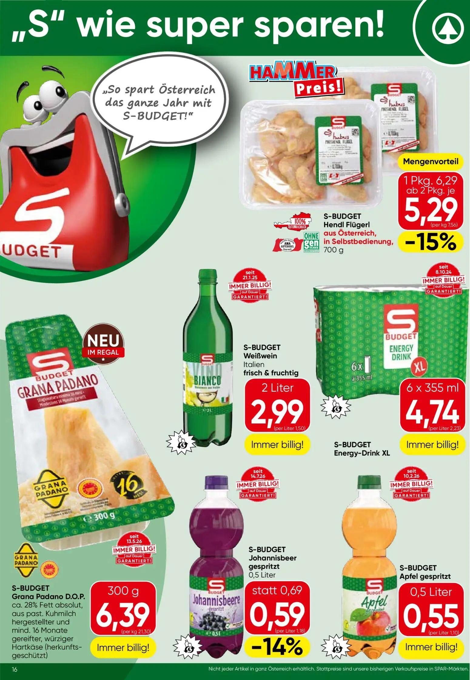 Spar Prospekt, Seite 16 von 24 — S-BUDGET Hendl Flügel, S-BUDGET Johannisbeer gespritzt, S-BUDGET Weißwein Italien frisch & …