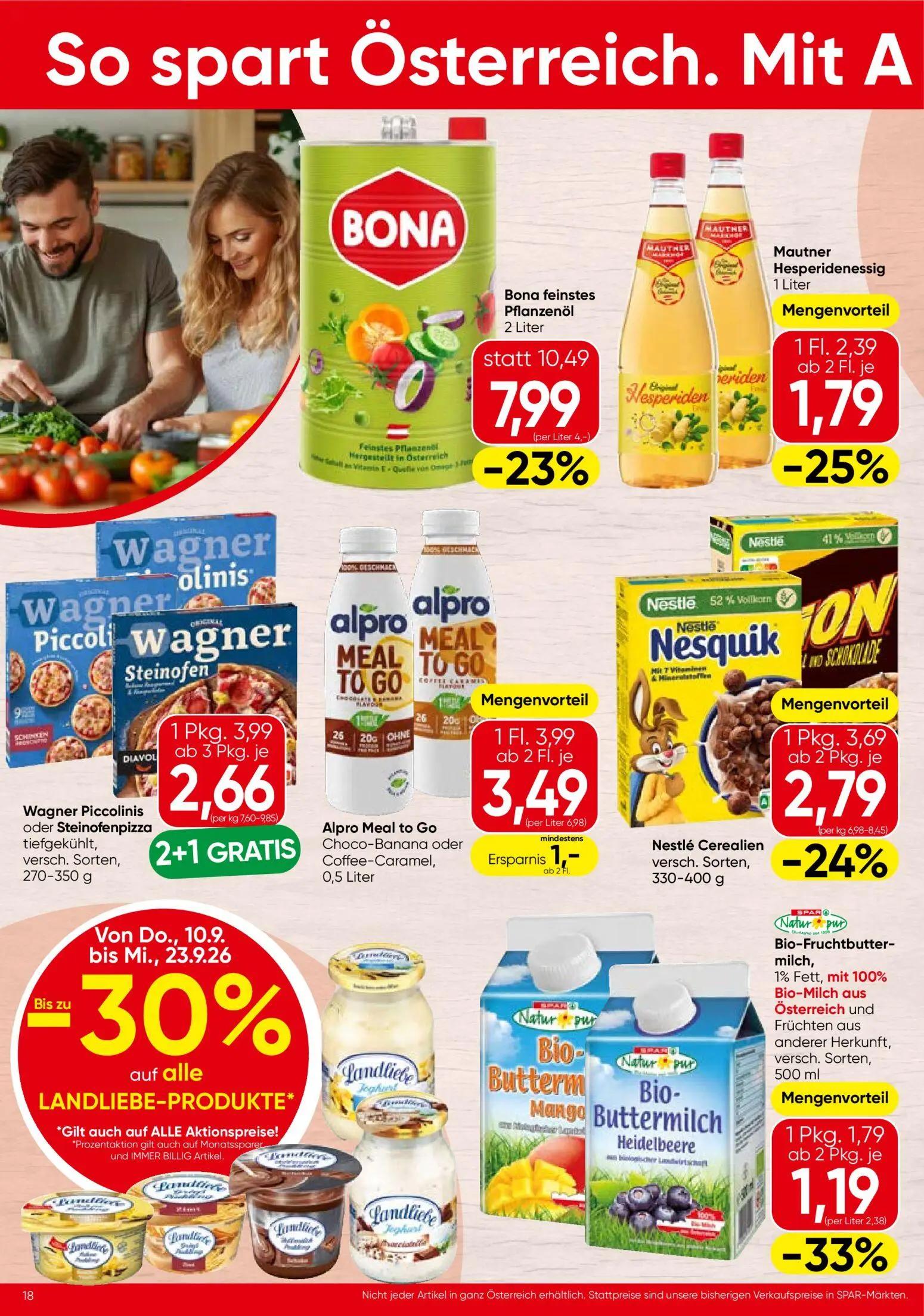 Spar Prospekt, Seite 18 von 24 — Bona feinstes Pflanzenöl, Wagner Piccolinis oder Steinofenpizza tiefgekühlt, versch. Sorten…