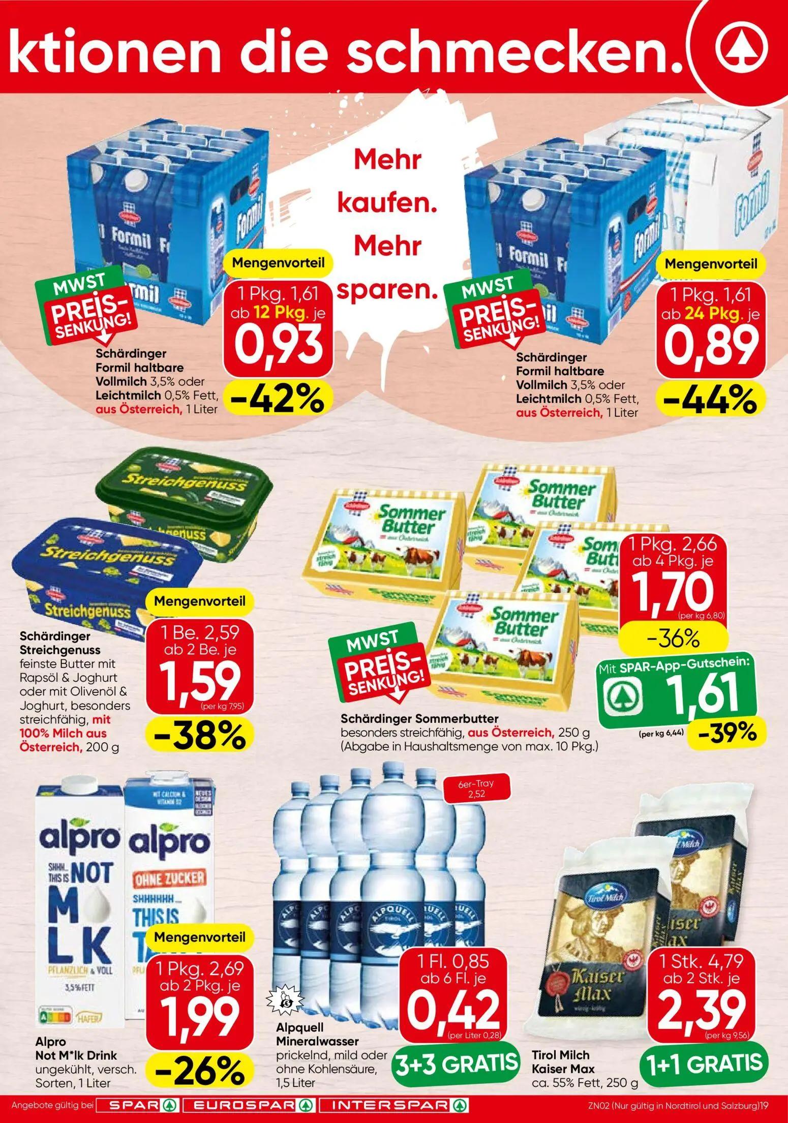 Spar Prospekt, Seite 19 von 24 — Tirol Milch Kaiser Max ca. 55% Fett, Schärdinger Sommerbutter besonders streichfähig, aus Ö…